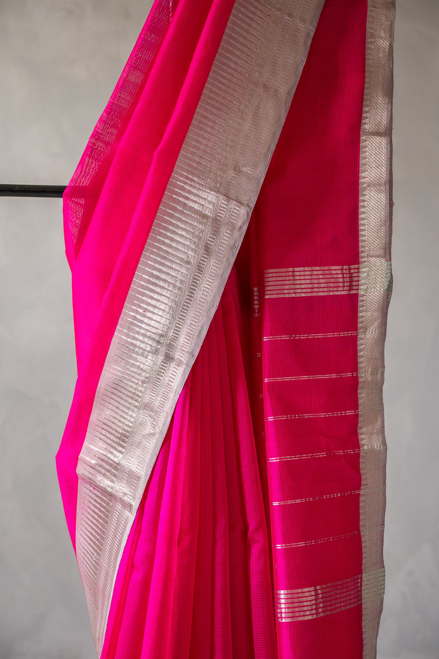 Hot Pink Mangalagiri Silk Cotton with Silver Zari Border and Striped Pallu Saree