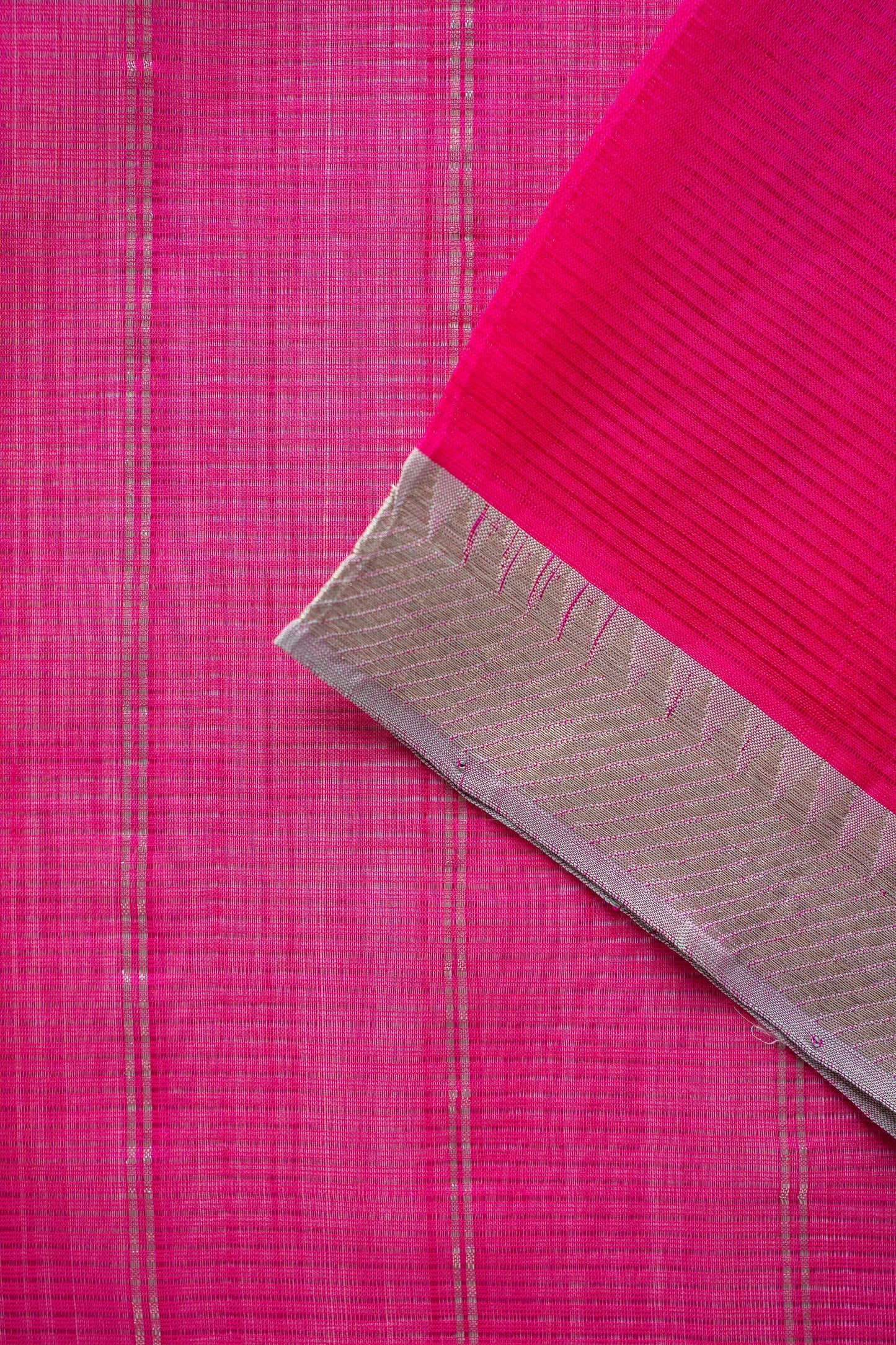 Hot Pink Mangalagiri Silk Cotton with Silver Zari Border and Striped Pallu Saree
