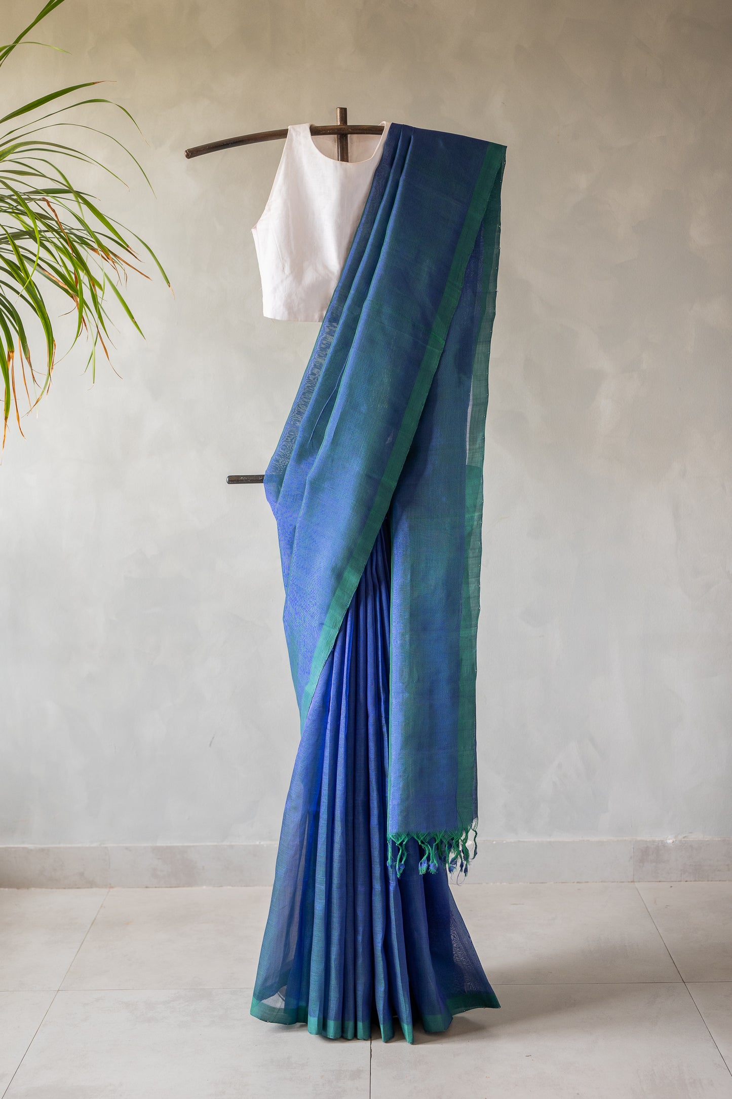 Peacock Blue Mangalagiri Silk Cotton  with Emerald Green Border Saree
