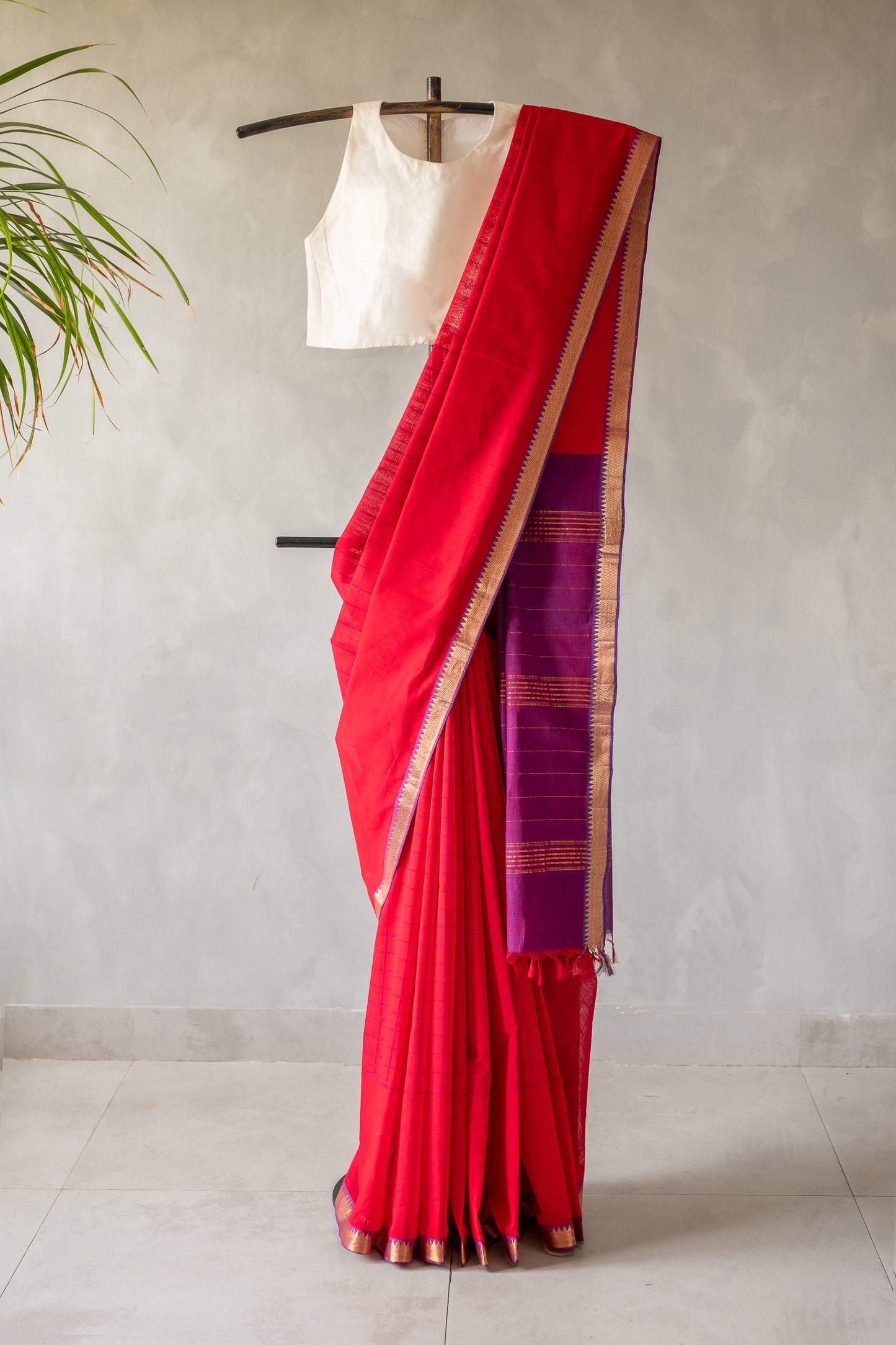 Crimson Red Mangalagiri Cotton with Royal Purple Striped Pallu Saree