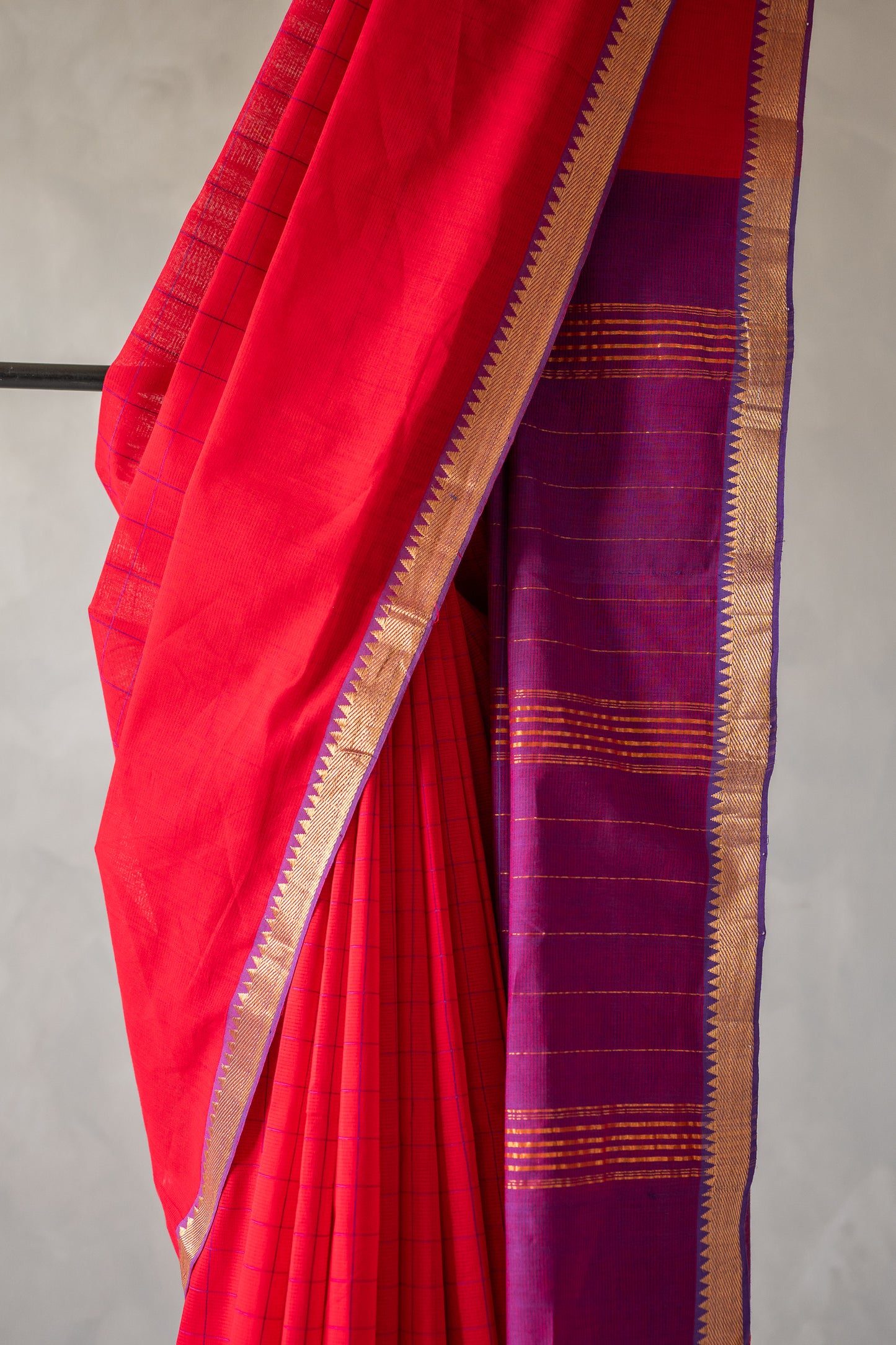 Crimson Red Mangalagiri Cotton with Royal Purple Striped Pallu Saree