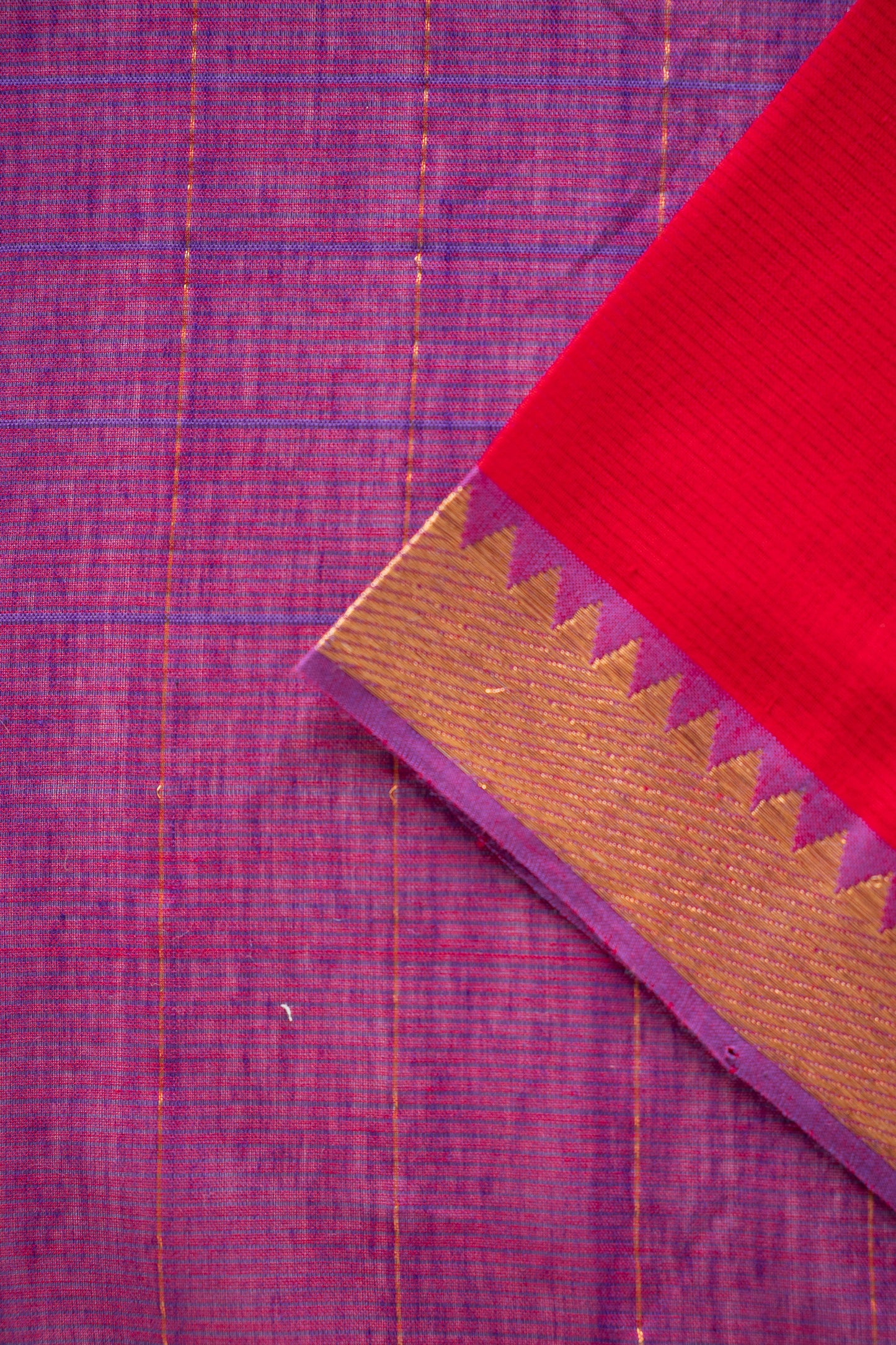 Crimson Red Mangalagiri Cotton with Royal Purple Striped Pallu Saree