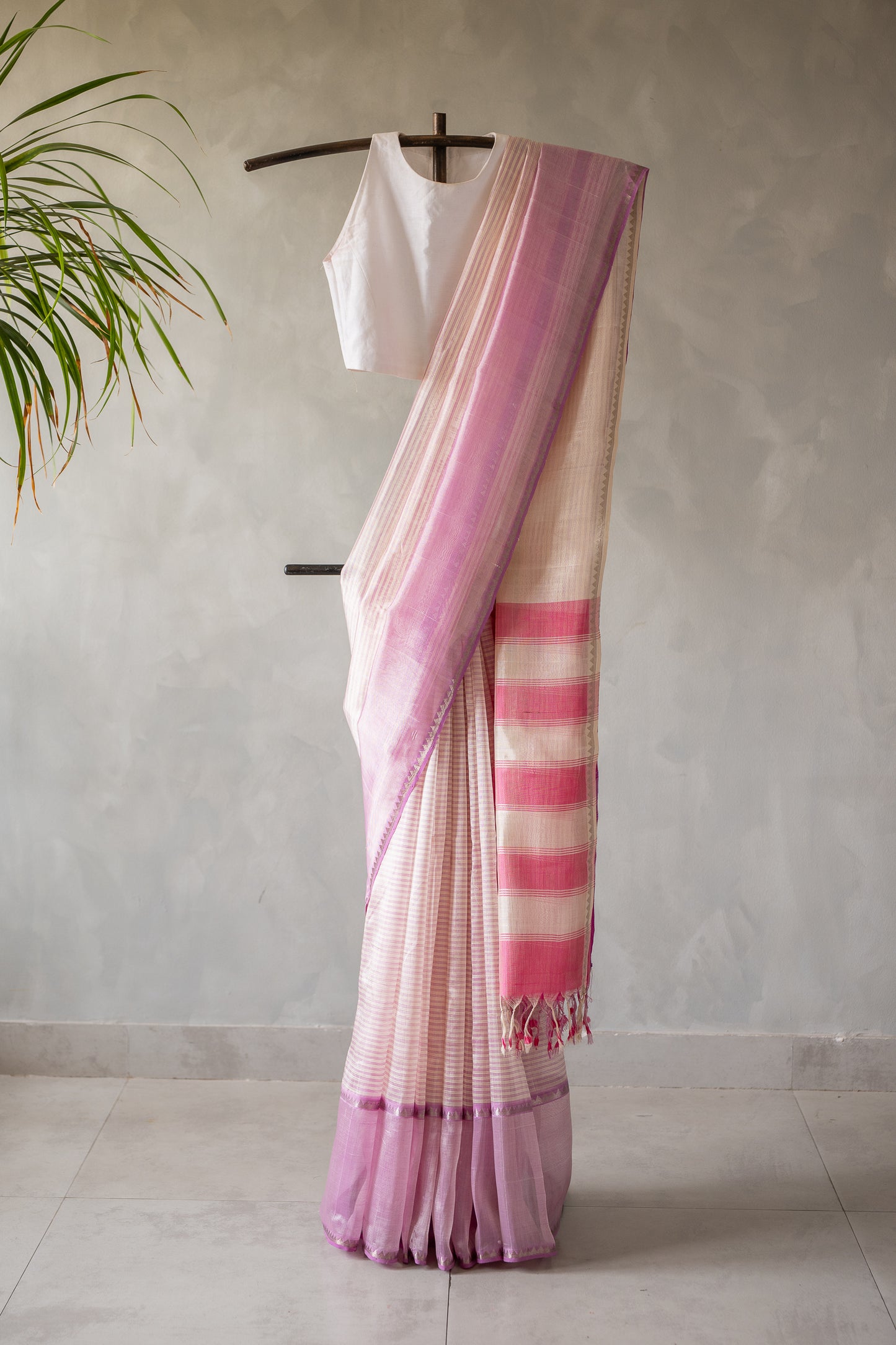 Blush Pink Mangalagiri Silk Cotton  with Ivory Striped Pallu Saree