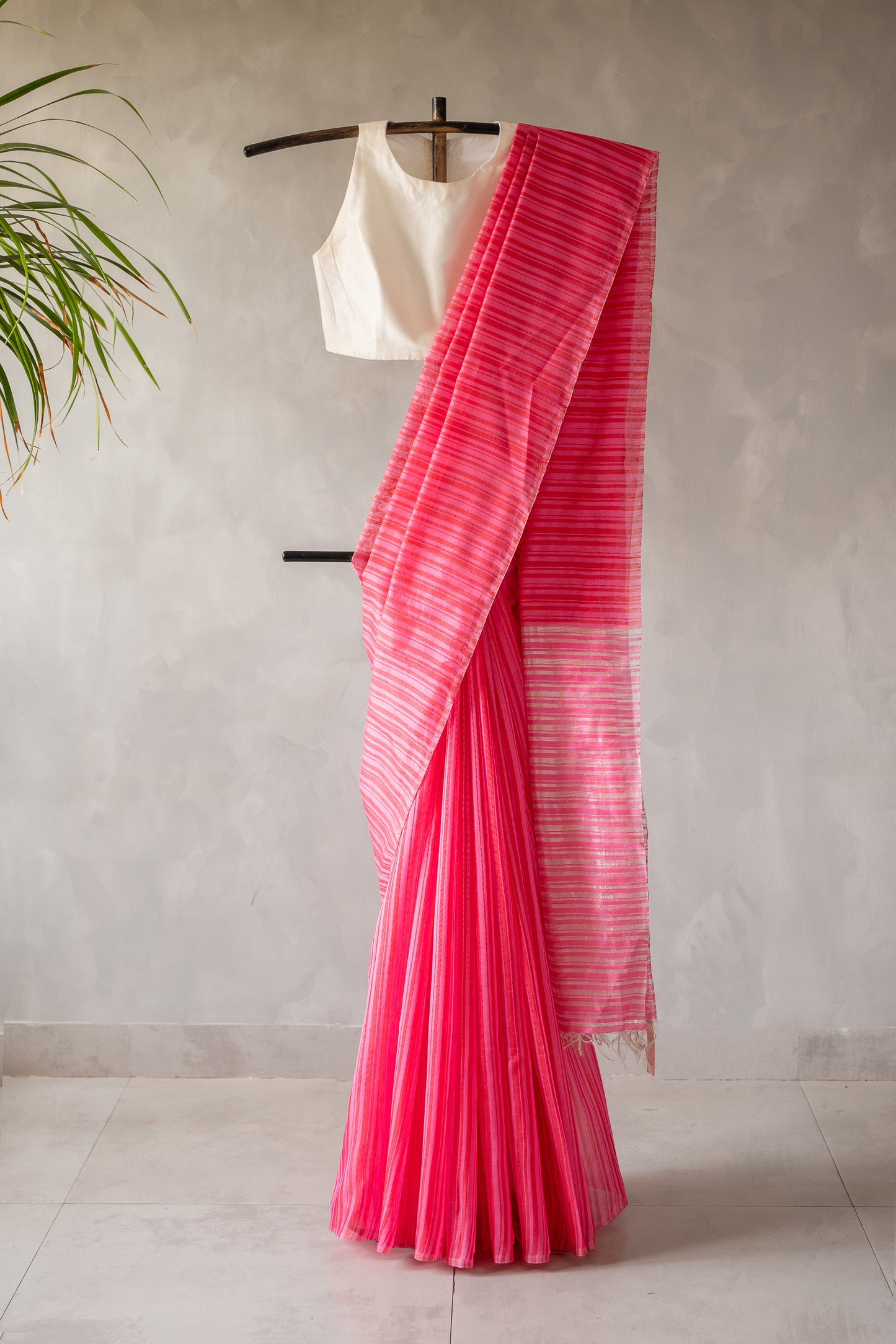 Vibrant Pink Silk Cotton with Striped Pallu Saree