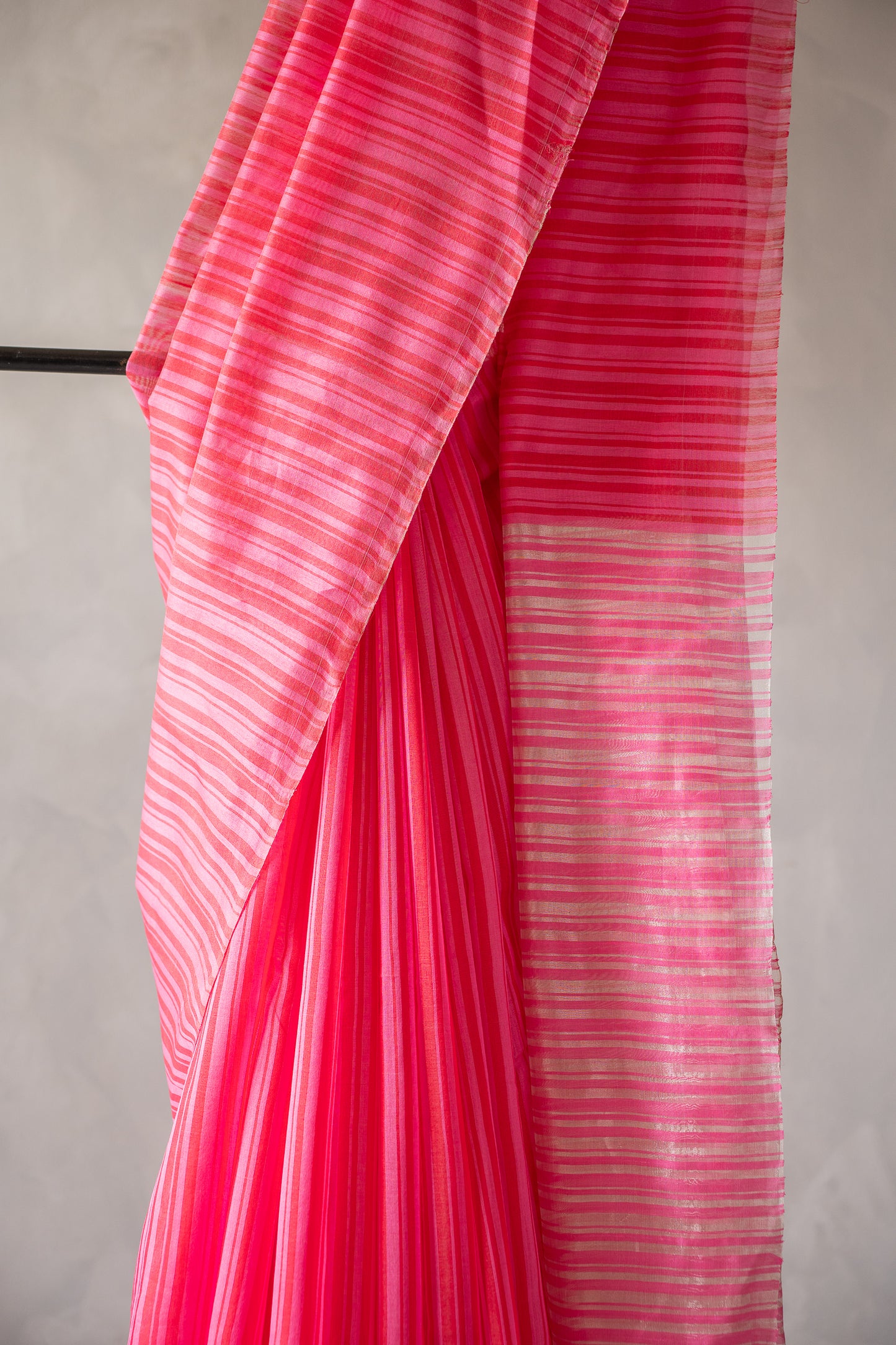 Vibrant Pink Silk Cotton with Striped Pallu Saree