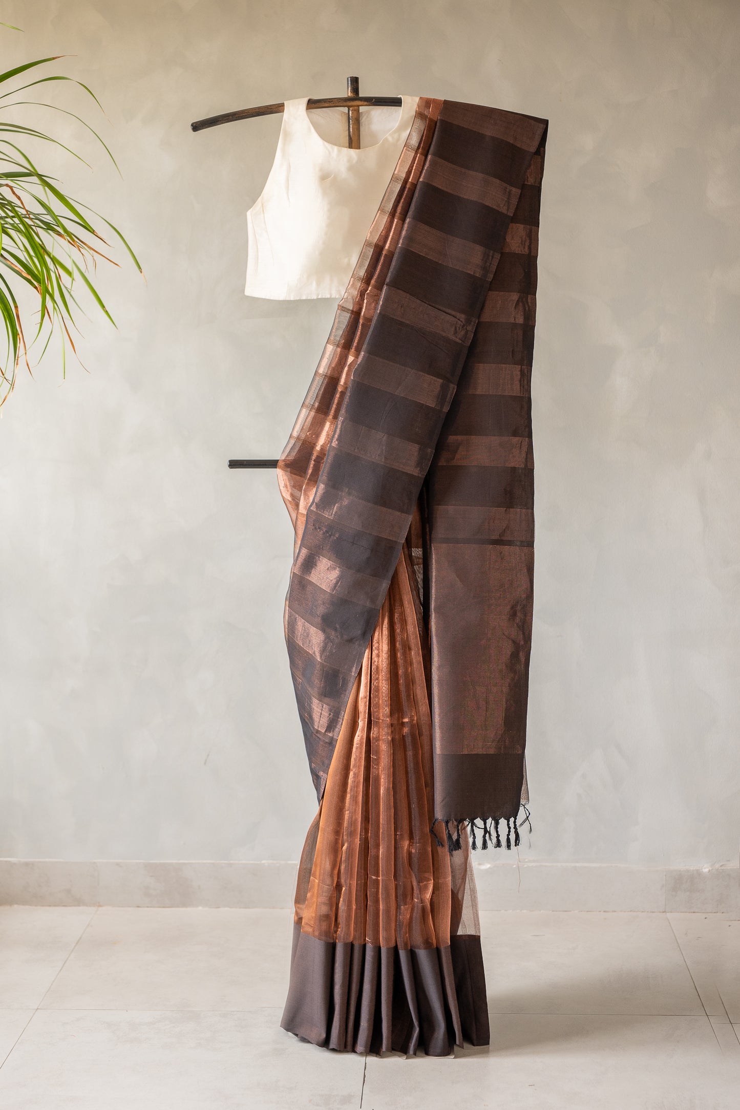 Chocolate Brown Organza Tissue with Copper Striped Pallu Saree