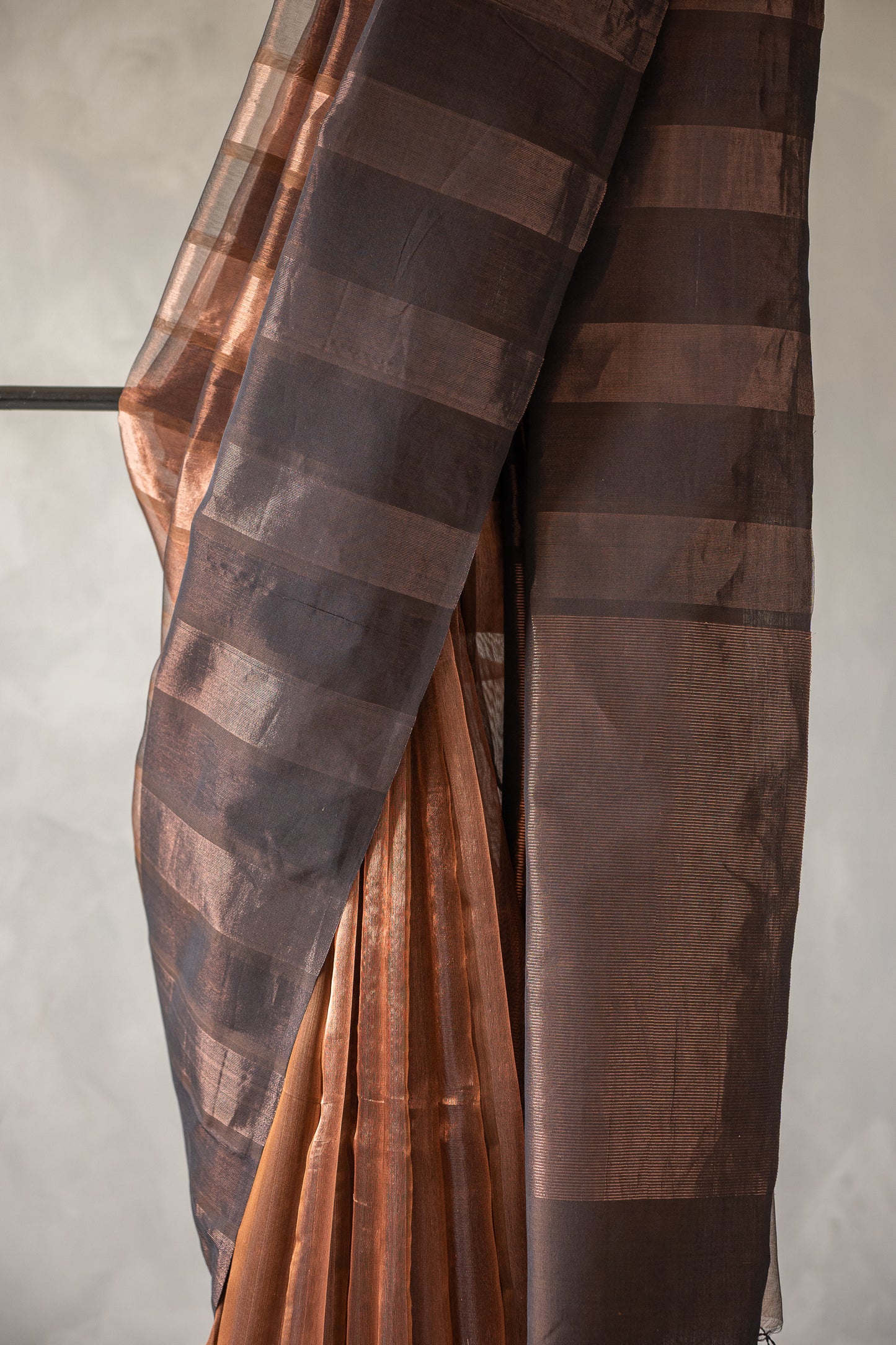 Chocolate Brown Organza Tissue with Copper Striped Pallu Saree