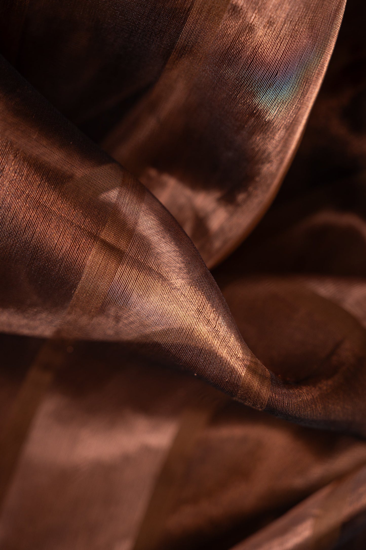 Chocolate Brown Organza Tissue with Copper Striped Pallu Saree