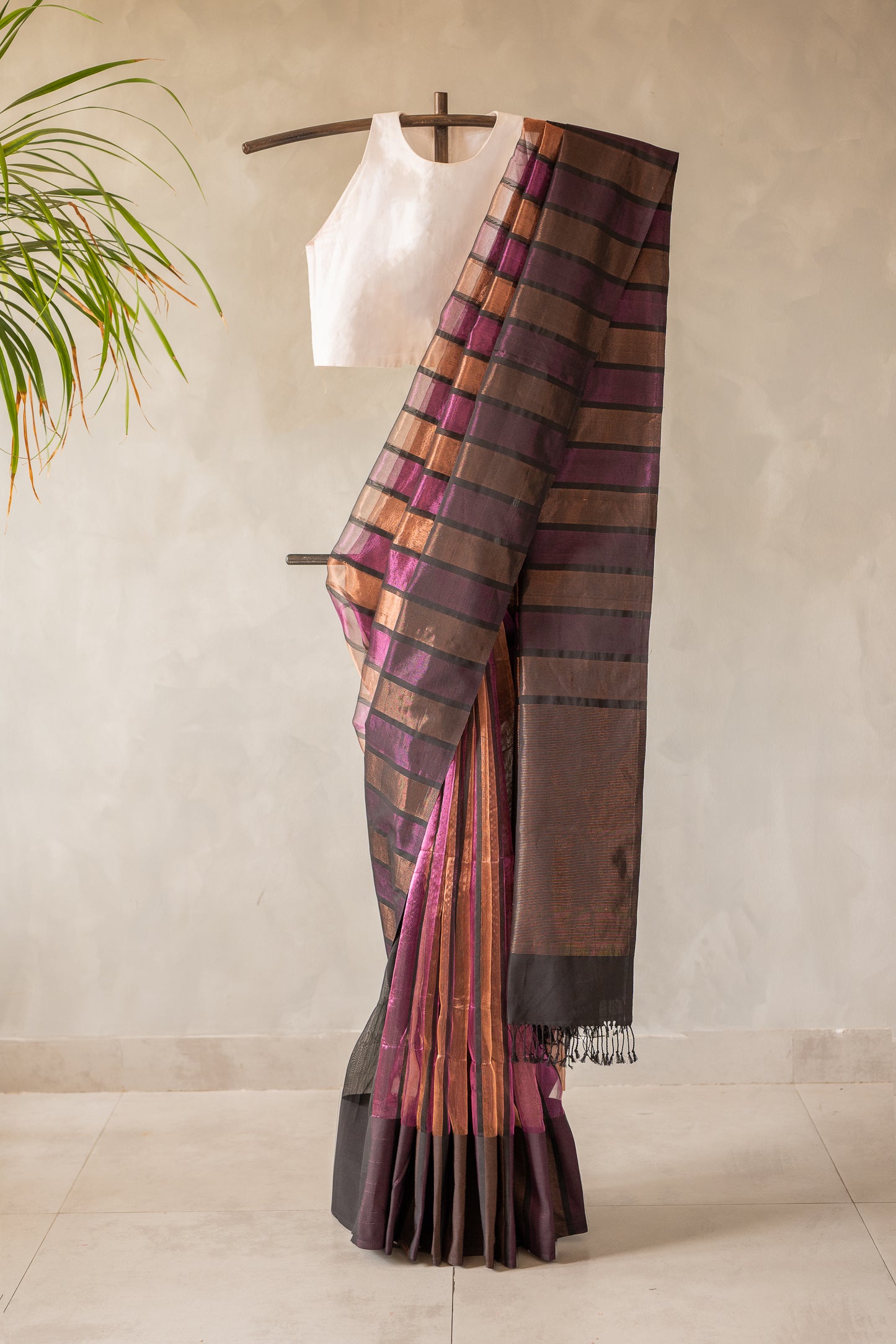 Plum and Bronze Tissue Organza  with Woven Striped Pallu Saree
