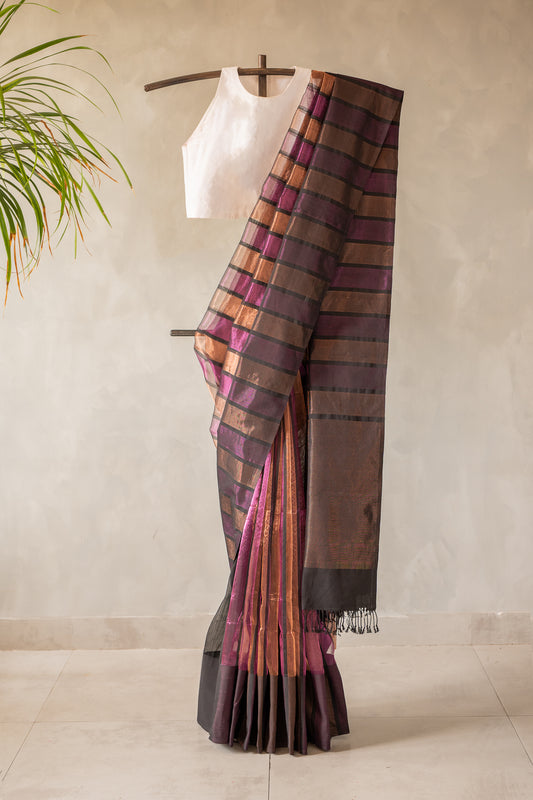 Plum and Bronze Tissue Organza  with Woven Striped Pallu Saree