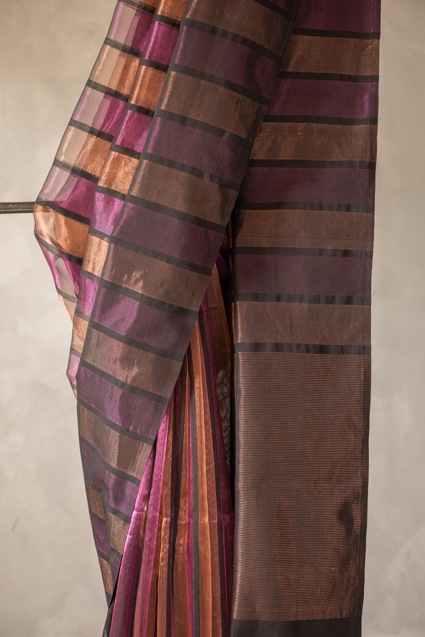 Plum and Bronze Tissue Organza  with Woven Striped Pallu Saree