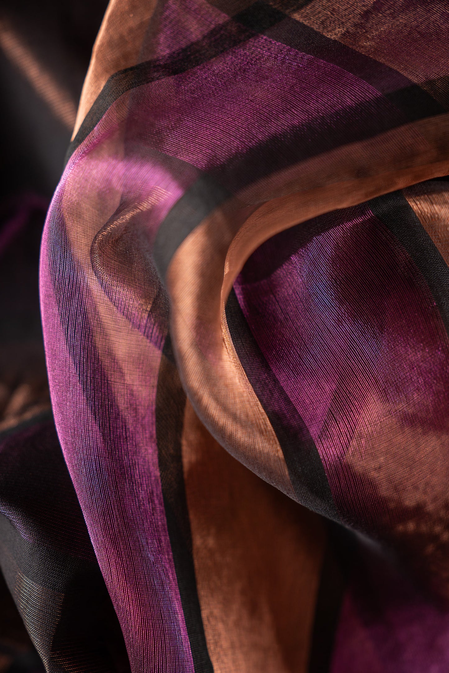 Plum and Bronze Tissue Organza  with Woven Striped Pallu Saree
