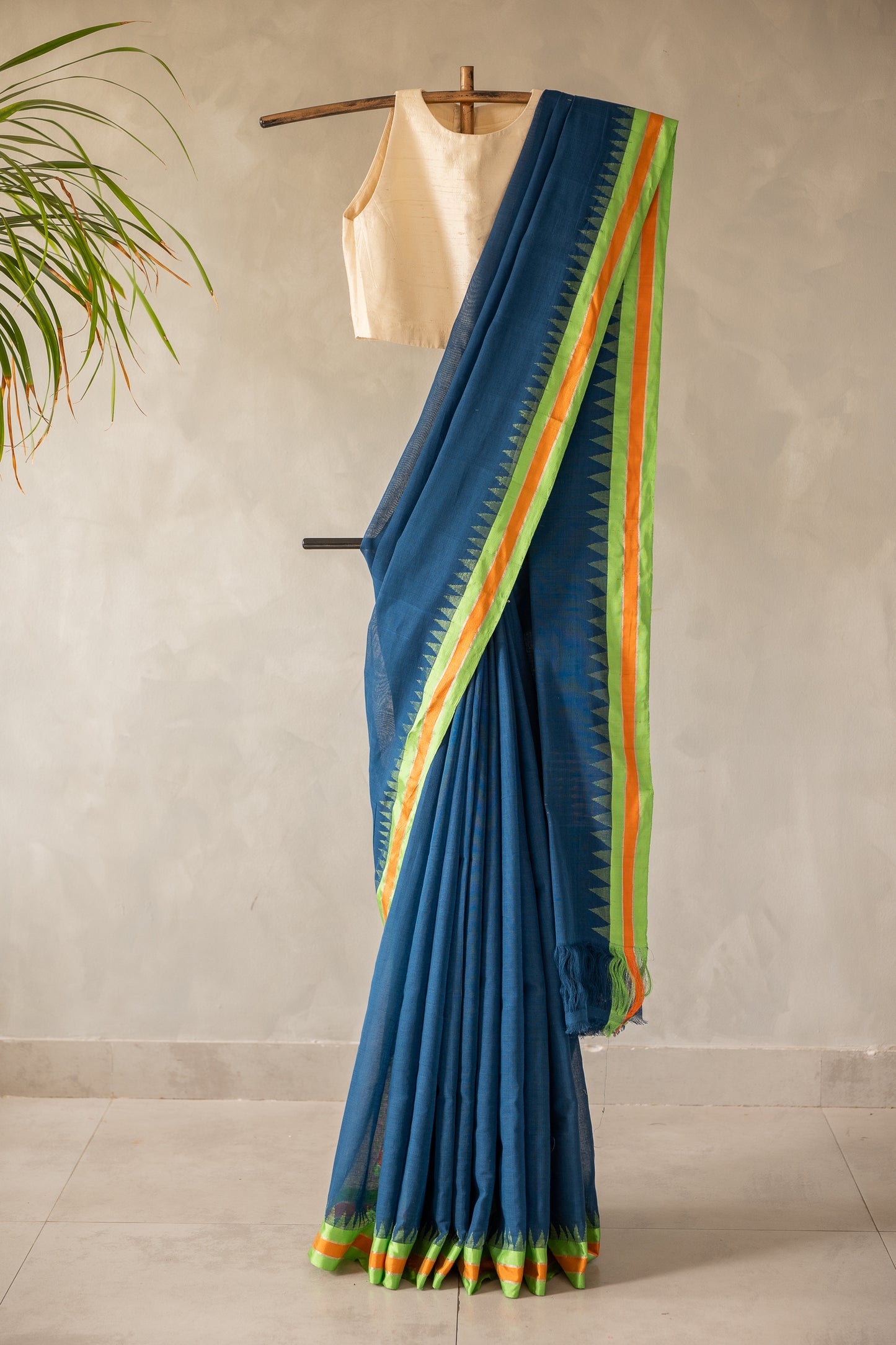 Steel Blue Cotton with Silk Contrast Border Saree