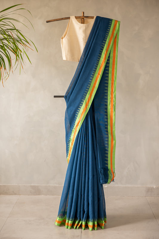 Steel Blue Cotton with Silk Contrast Border Saree