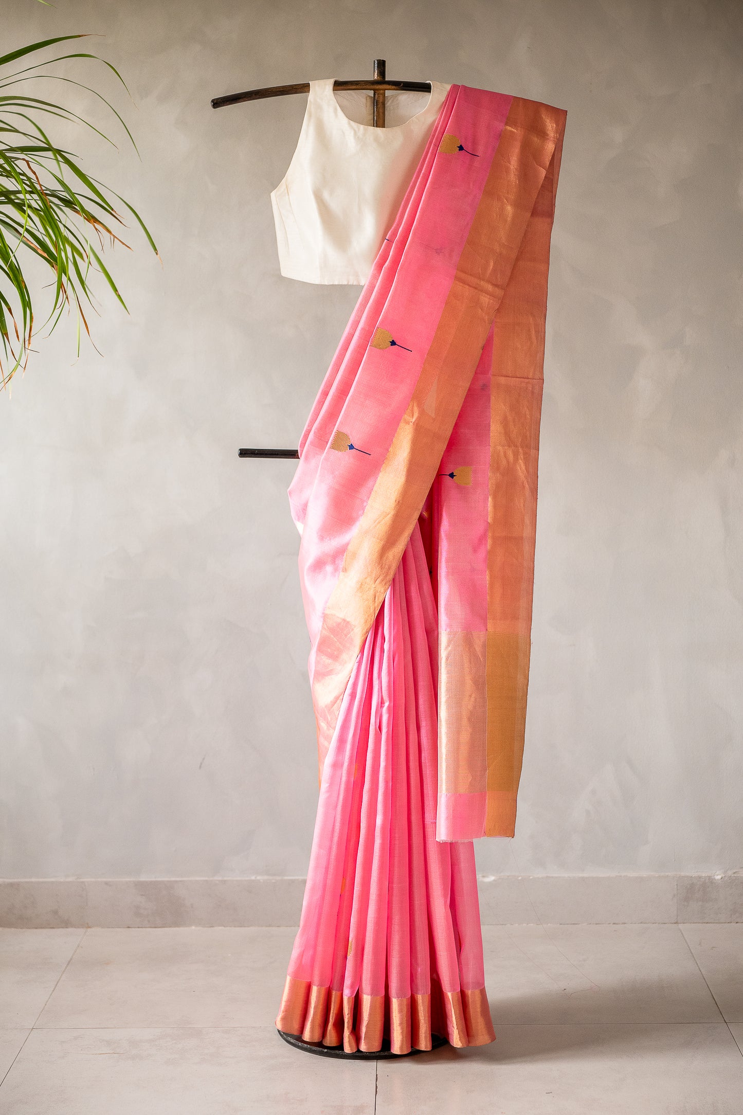 Candy Pink Banaras Silk by Cotton with Antique Gold Border and Butti Motifs