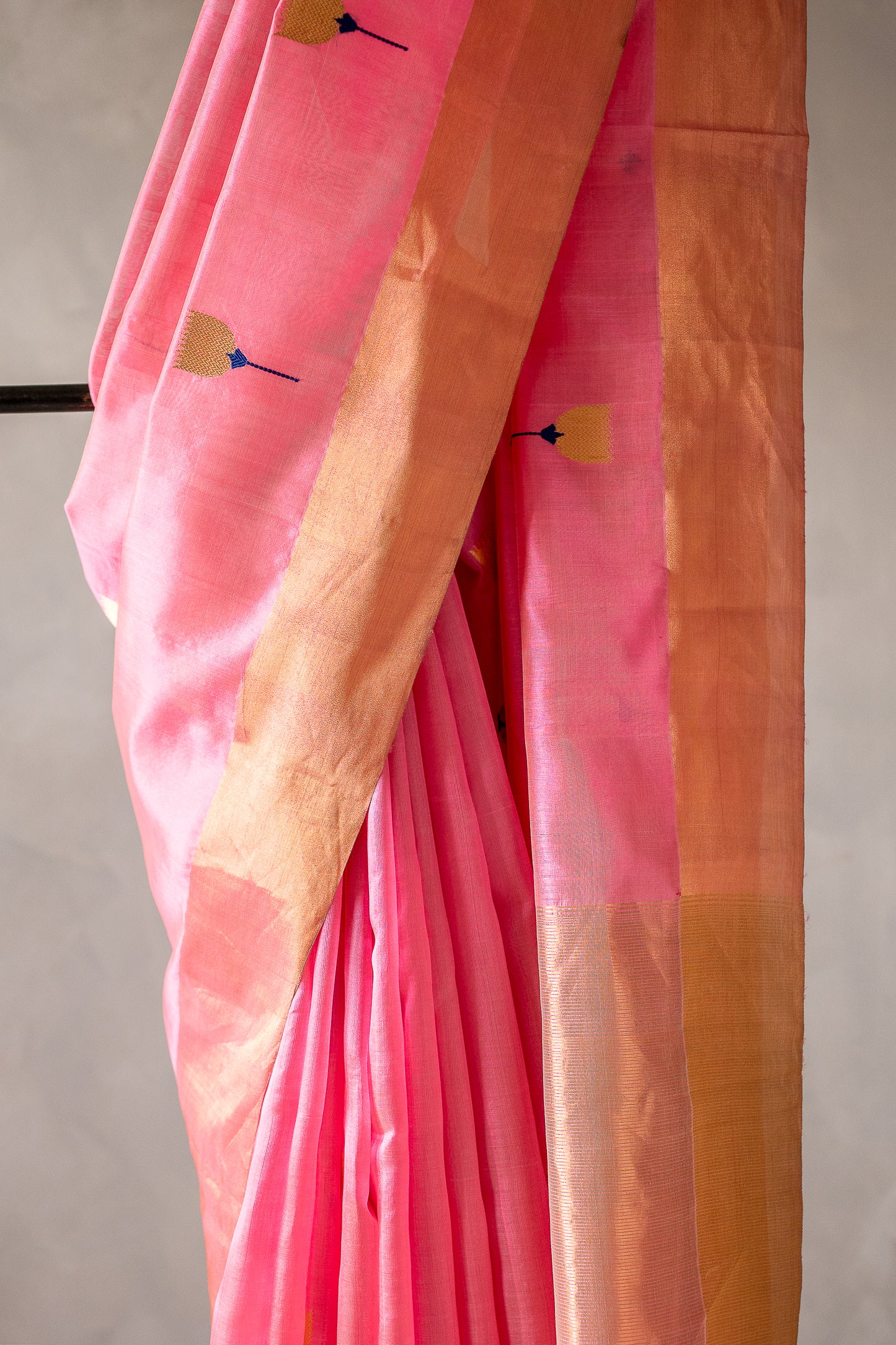 Candy Pink Banaras Silk by Cotton with Antique Gold Border and Butti Motifs