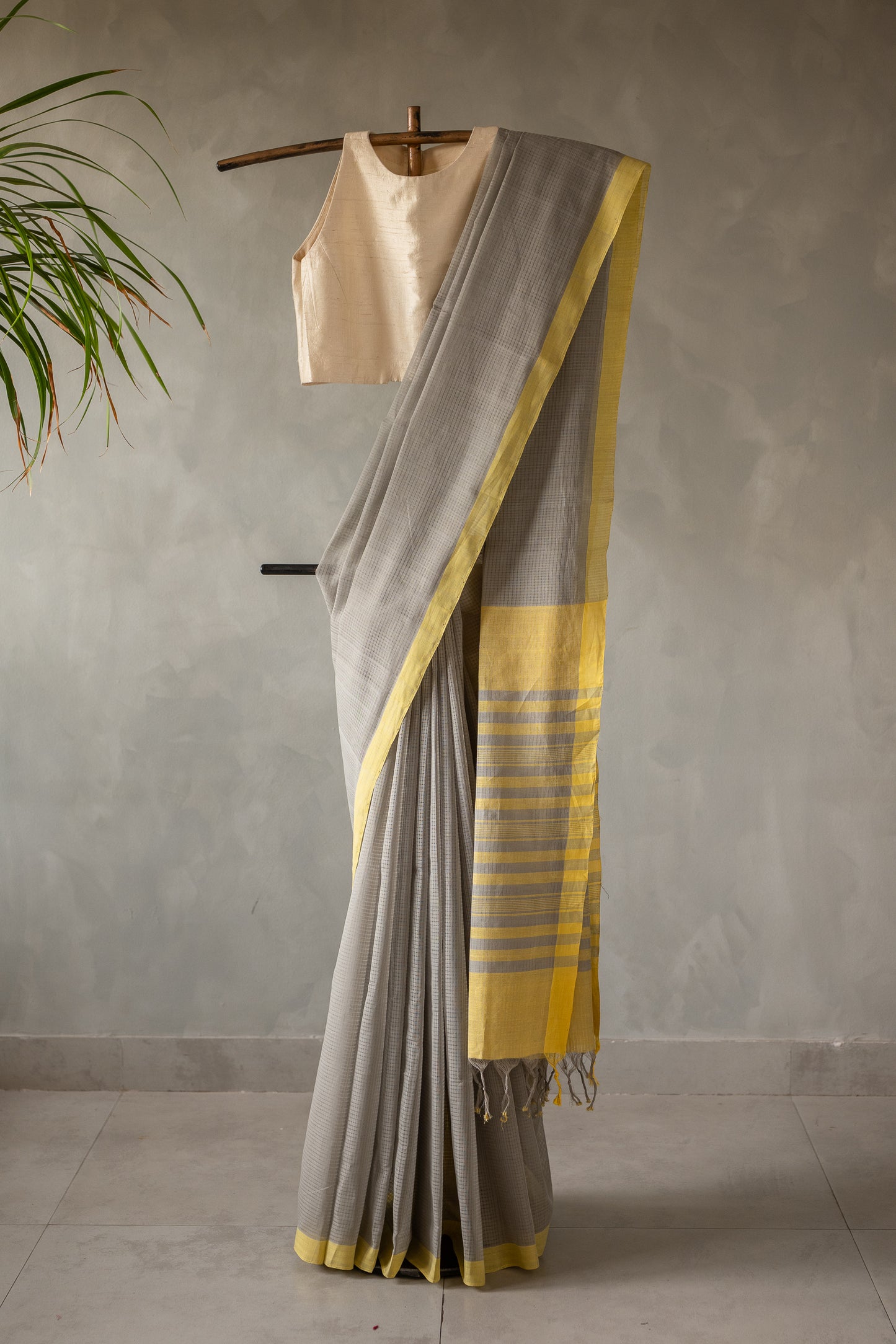 Ash Grey Mangalagiri  Cotton  with Mustard Yellow Striped Pallu Saree