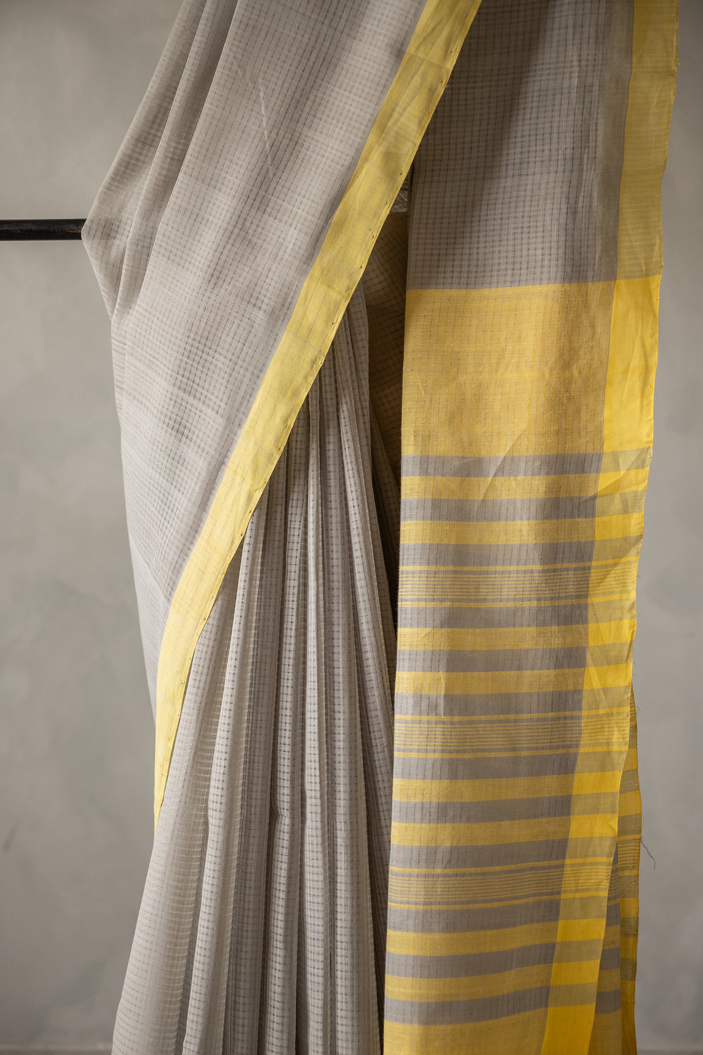 Ash Grey Mangalagiri  Cotton  with Mustard Yellow Striped Pallu Saree