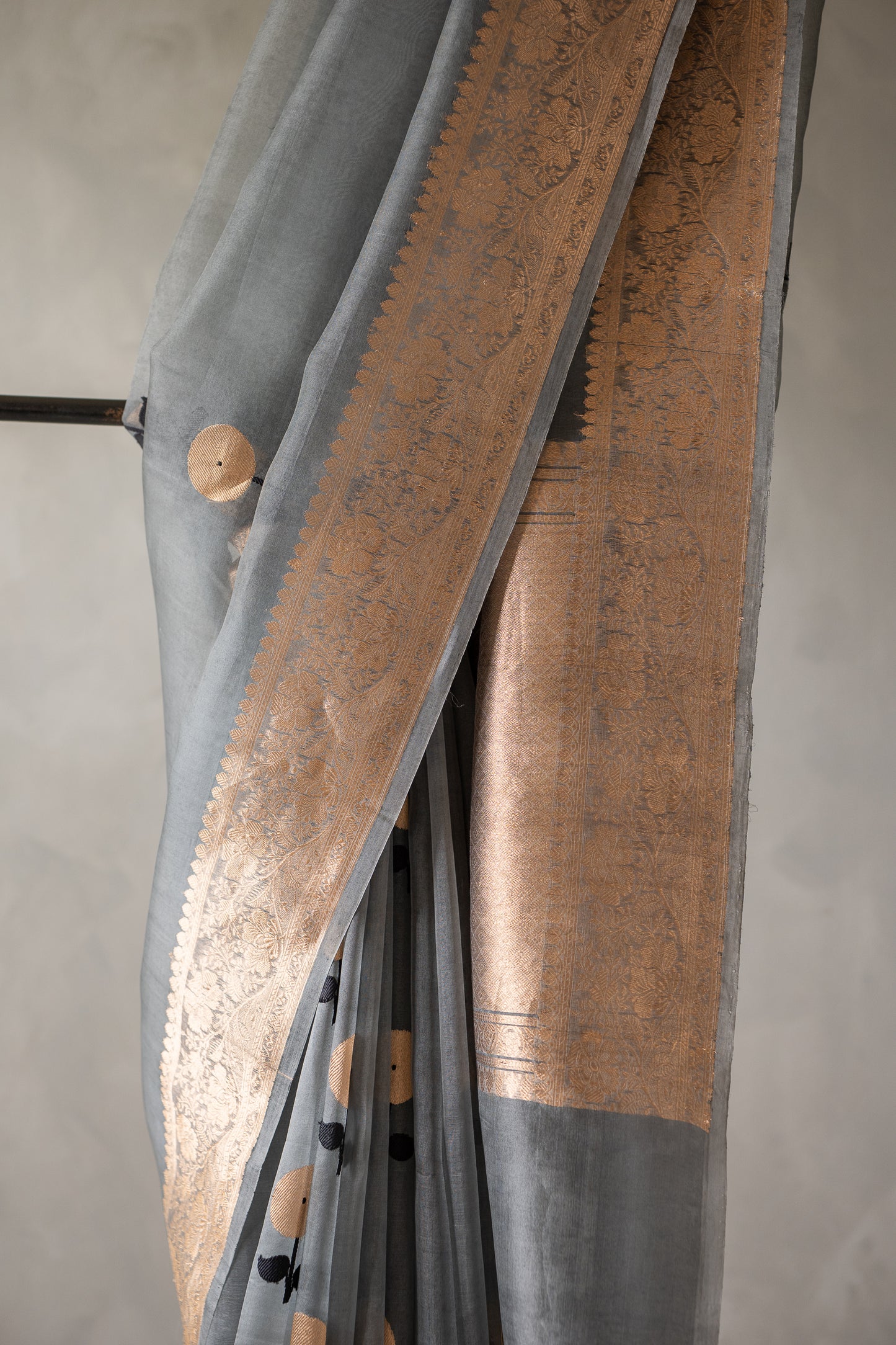 Steel Grey Banaras Organza with Antique Gold Zari Border Saree