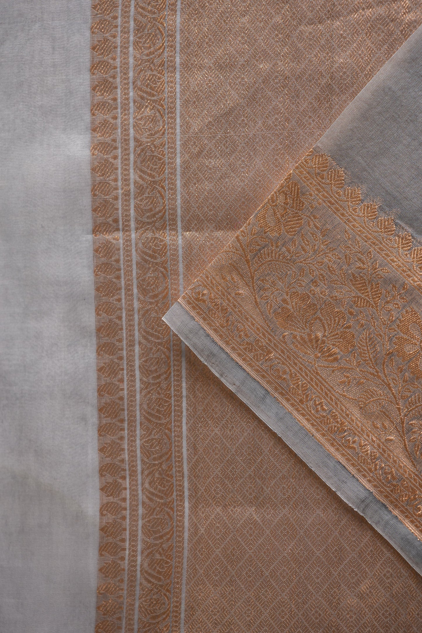 Steel Grey Banaras Organza with Antique Gold Zari Border Saree