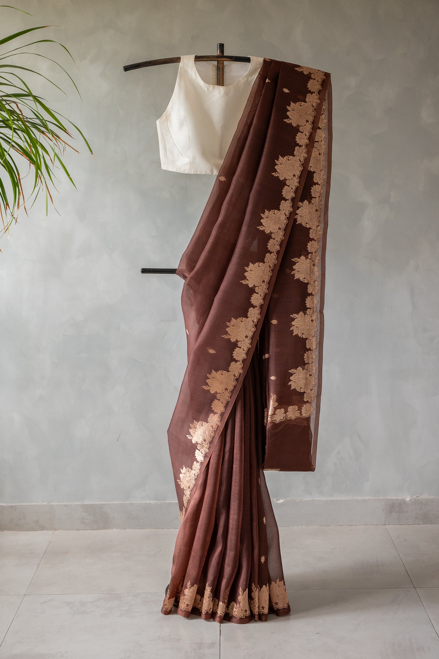 Chocolate Brown Banaras Organza with Floral Zari Border Saree