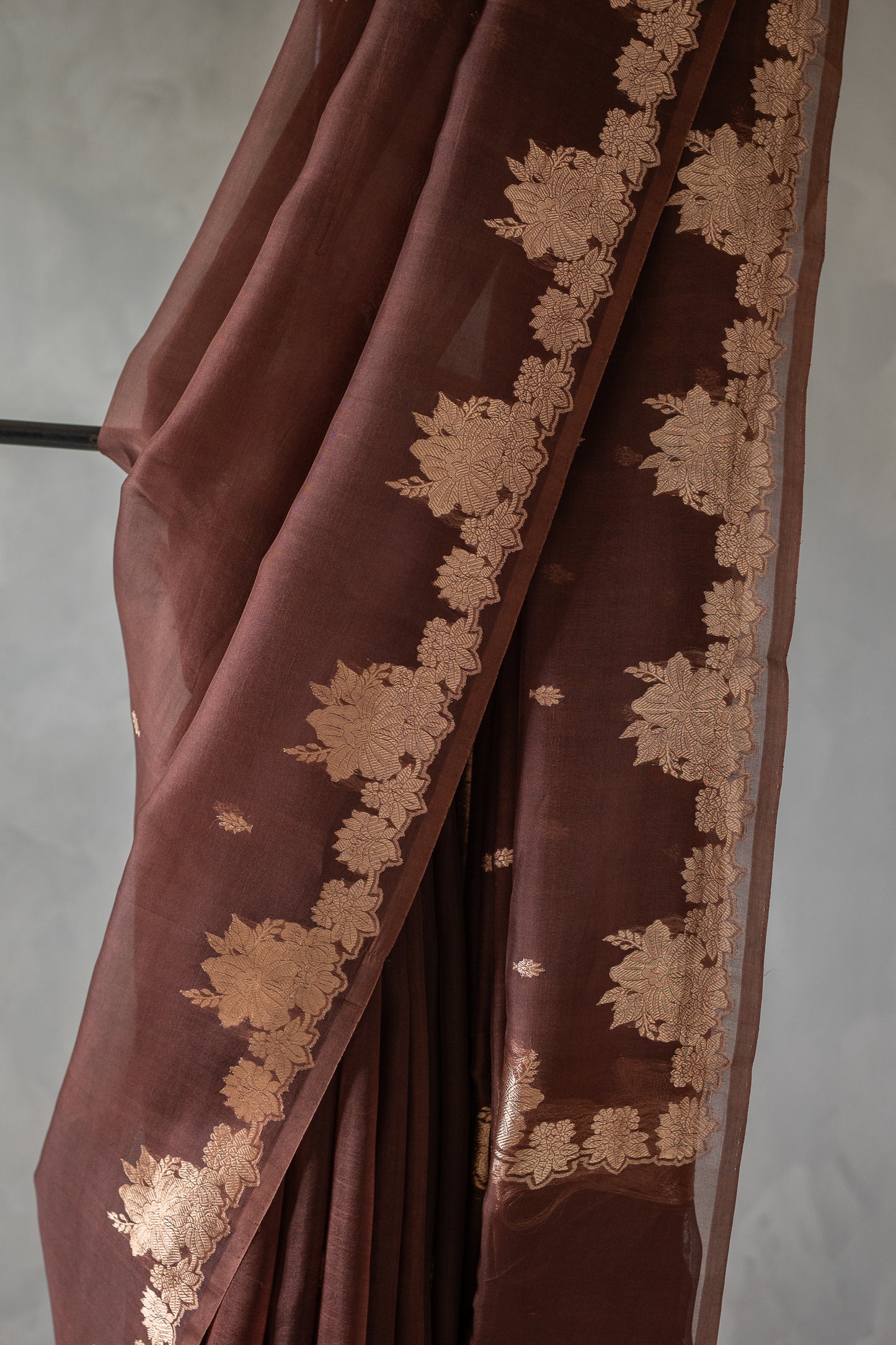 Chocolate Brown Banaras Organza with Floral Zari Border Saree