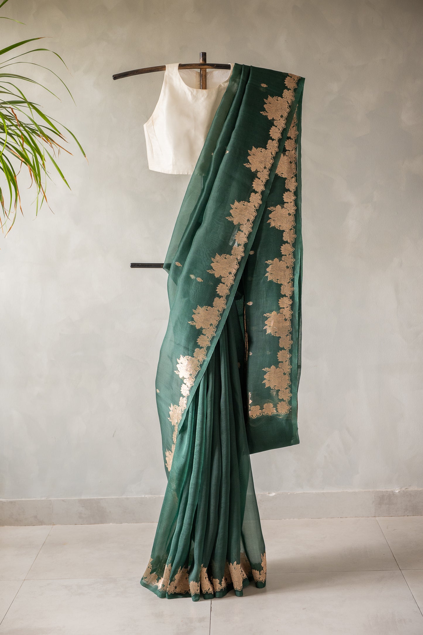 Emerald Green Banaras Organza Saree with Floral Zari Border