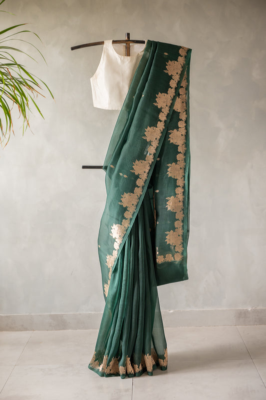 Emerald Green Banaras Organza Saree with Floral Zari Border