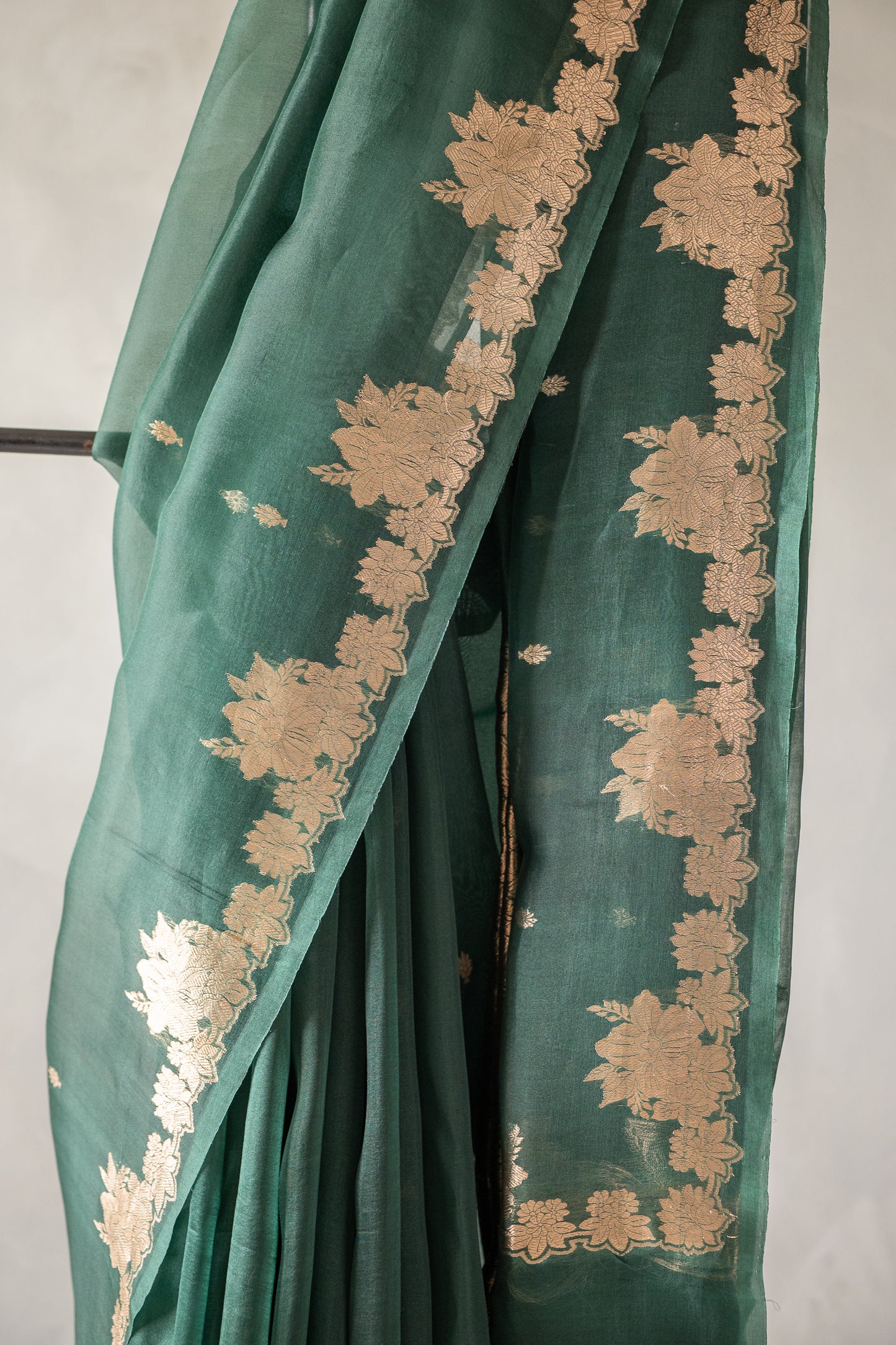 Emerald Green Banaras Organza Saree with Floral Zari Border
