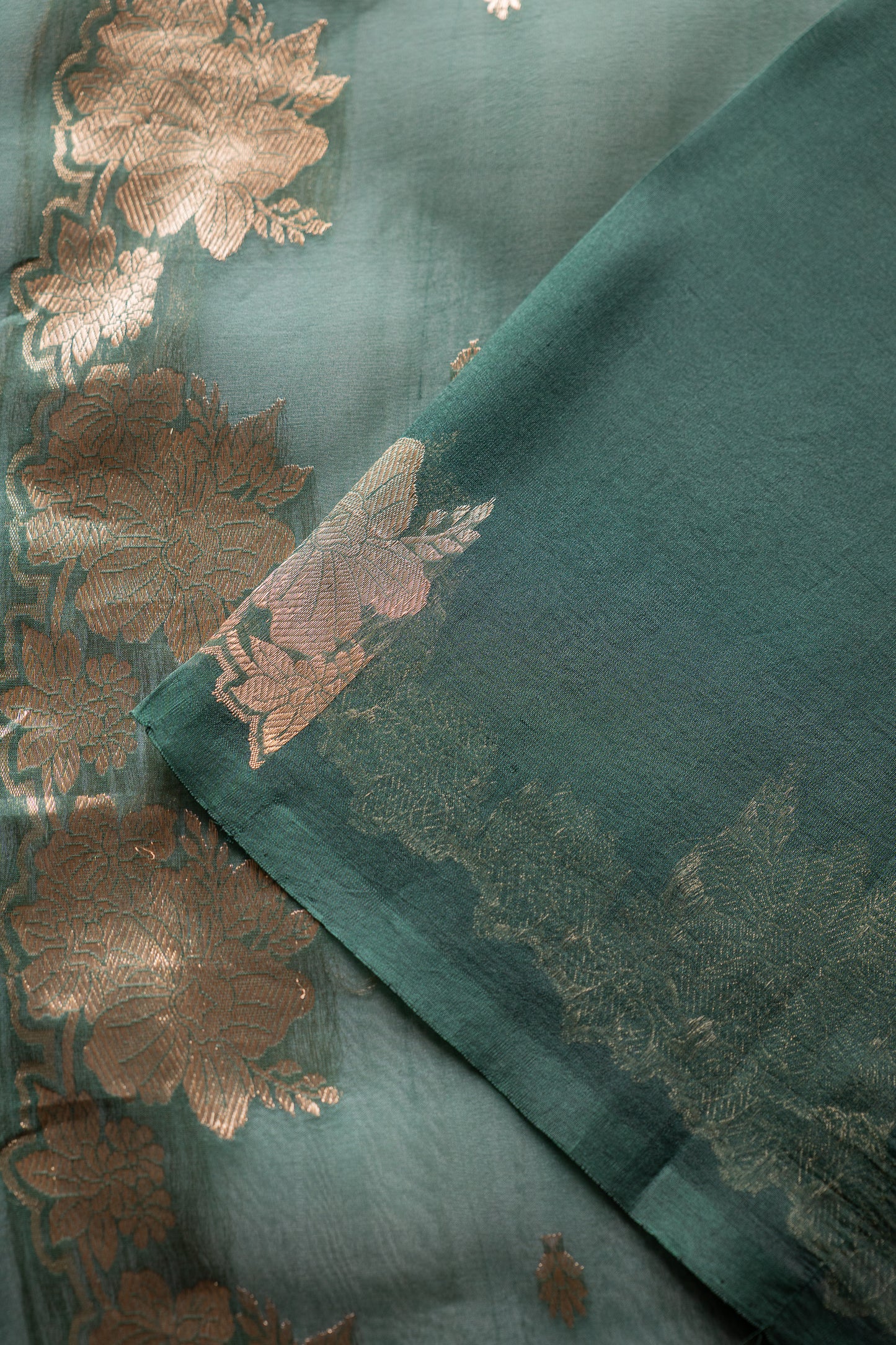 Emerald Green Banaras Organza Saree with Floral Zari Border
