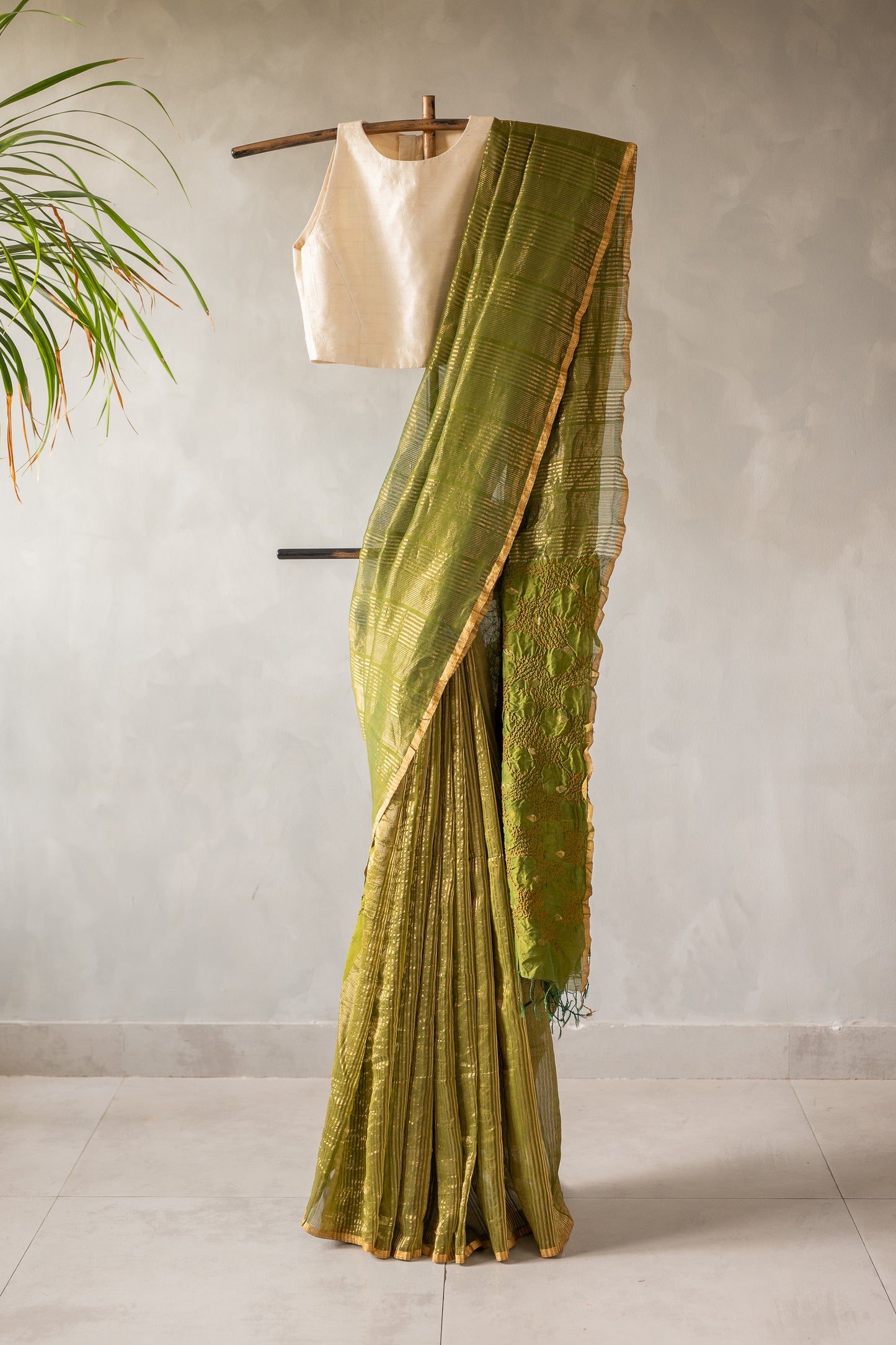 Olive Green Silk Cotton with Bandhani Pallu Saree
