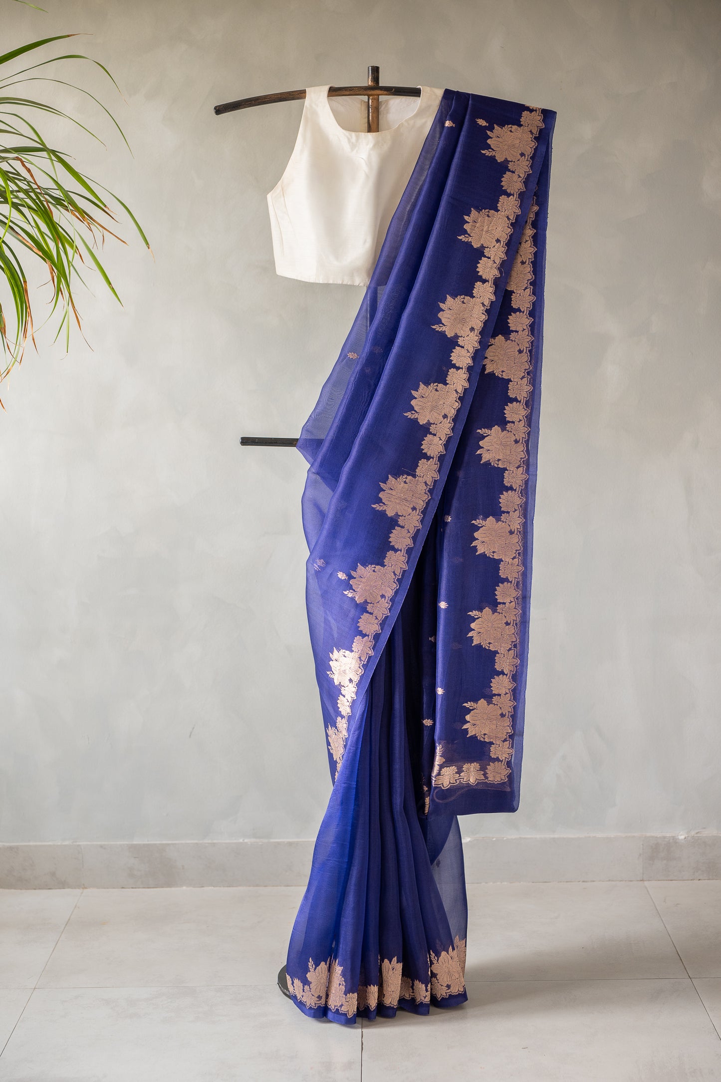 Royal Blue Banaras Organza with Floral Zari Border Saree