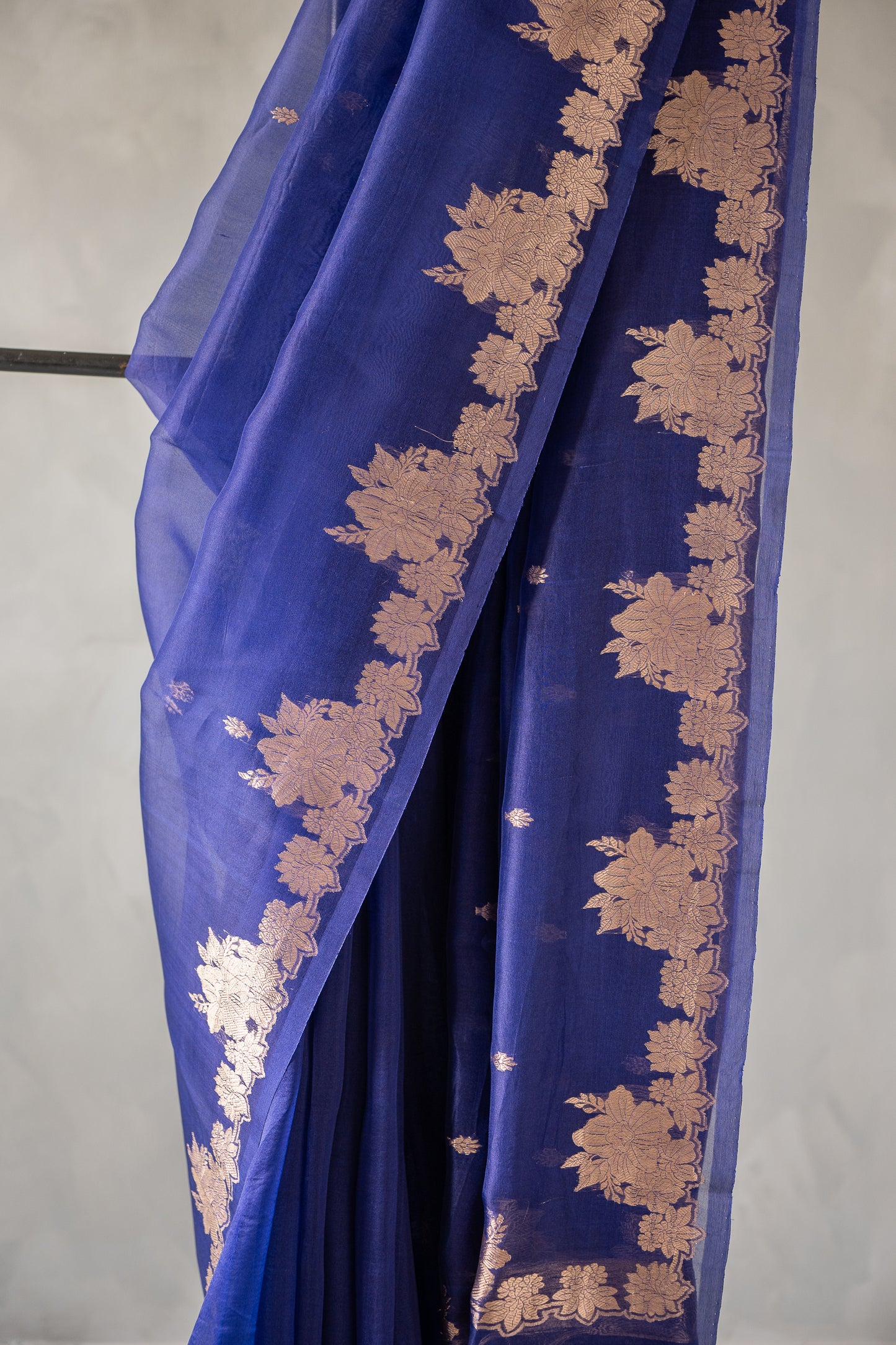 Royal Blue Banaras Organza with Floral Zari Border Saree