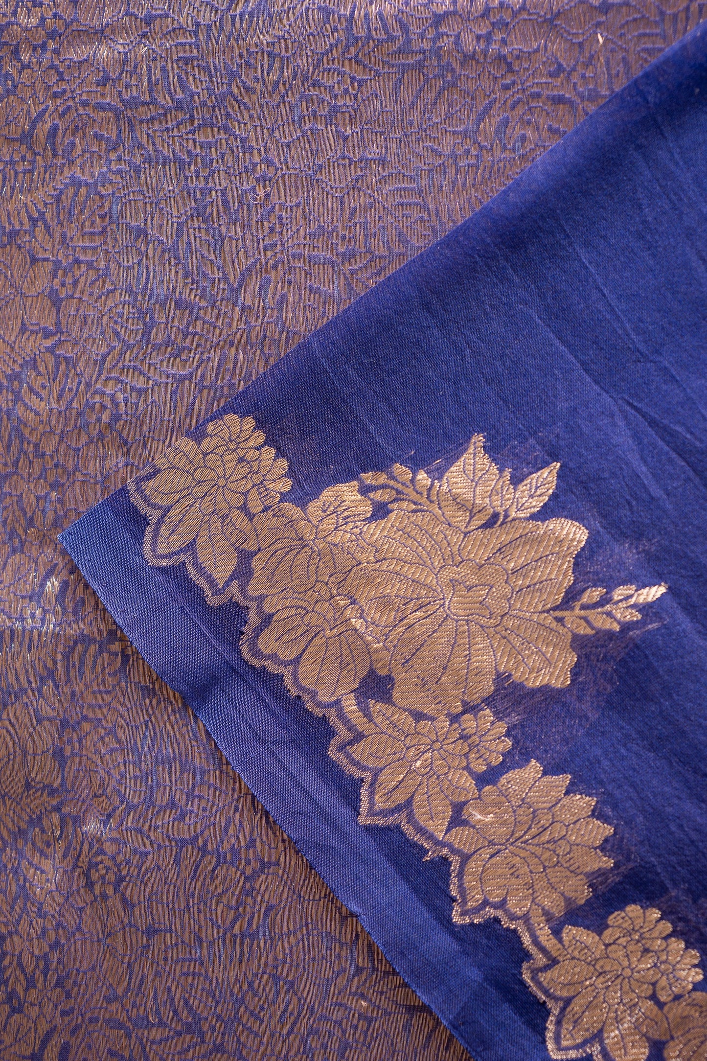 Royal Blue Banaras Organza with Floral Zari Border Saree