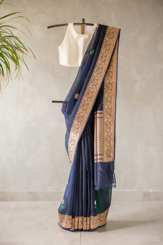 Midnight Blue Banaras Organza  with Antique Gold Zari Border Saree