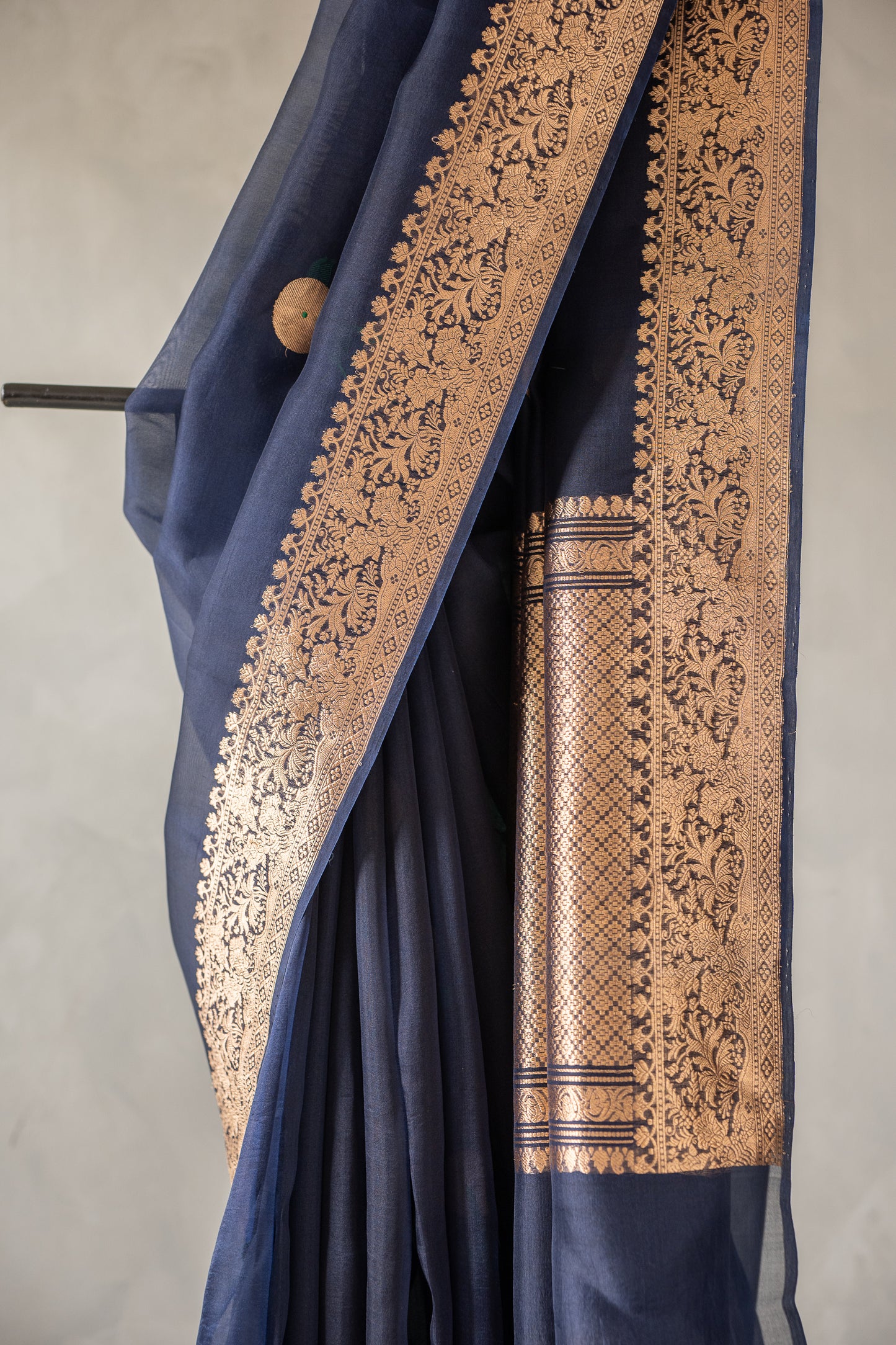 Midnight Blue Banaras Organza  with Antique Gold Zari Border Saree