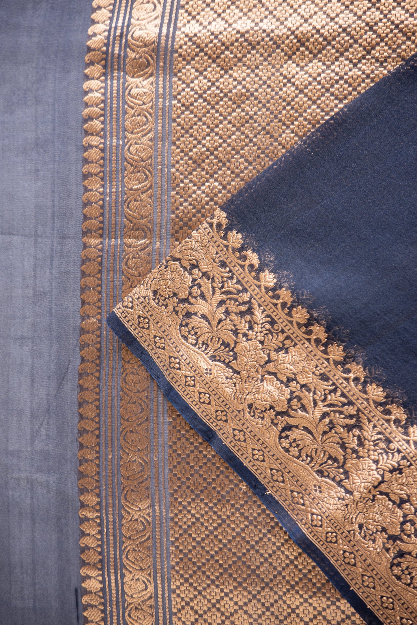 Midnight Blue Banaras Organza  with Antique Gold Zari Border Saree