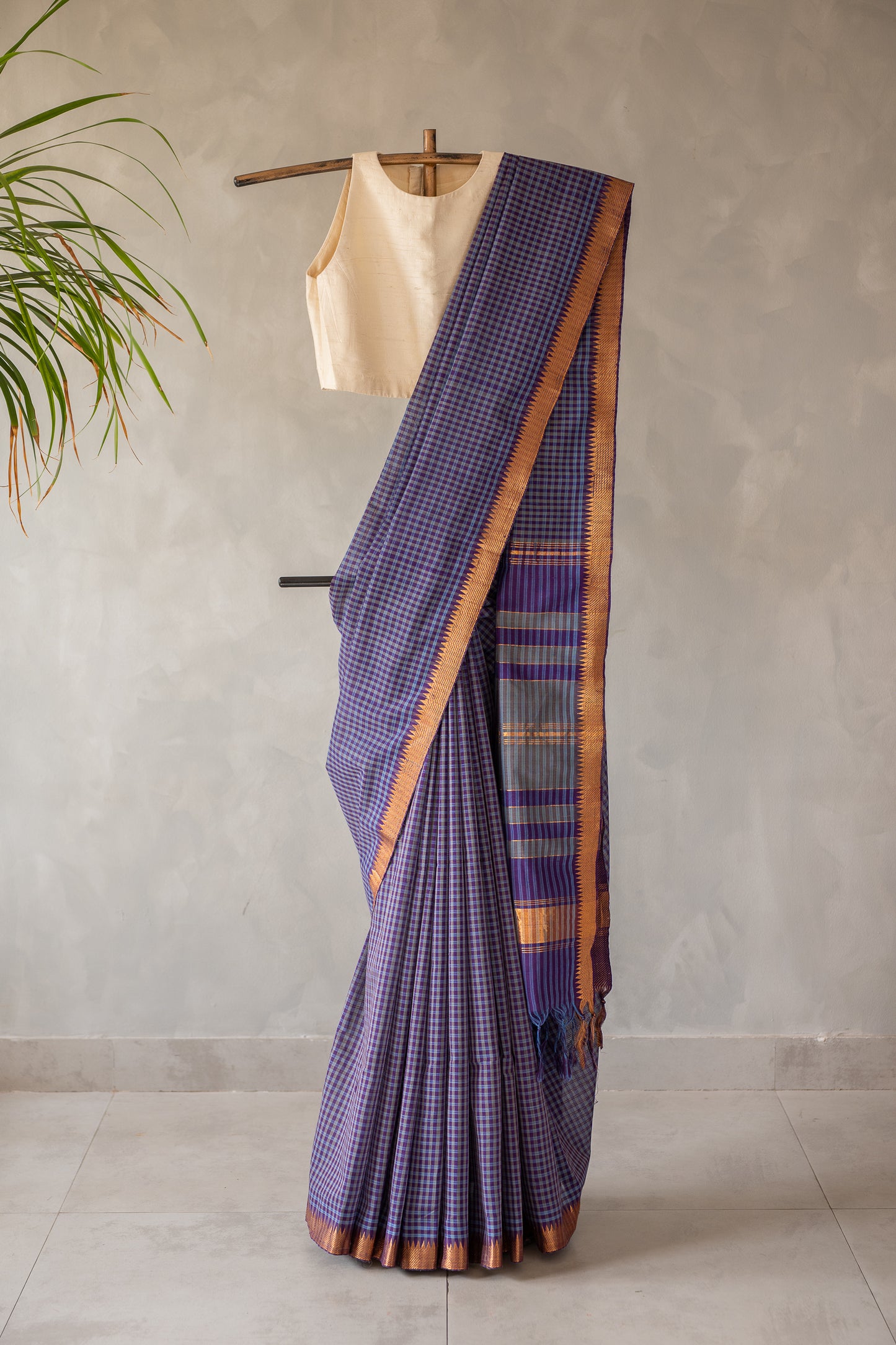 Purple and Slate Grey Checked Mangalagiri Cotton with Gold Zari Border Saree