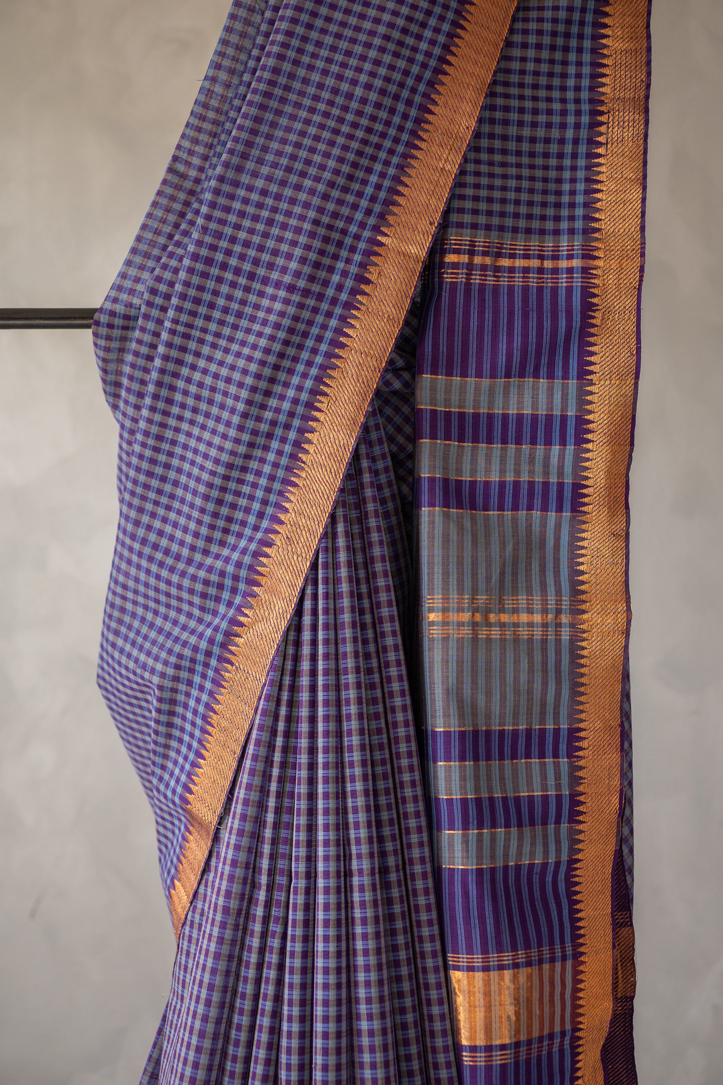 Purple and Slate Grey Checked Mangalagiri Cotton with Gold Zari Border Saree