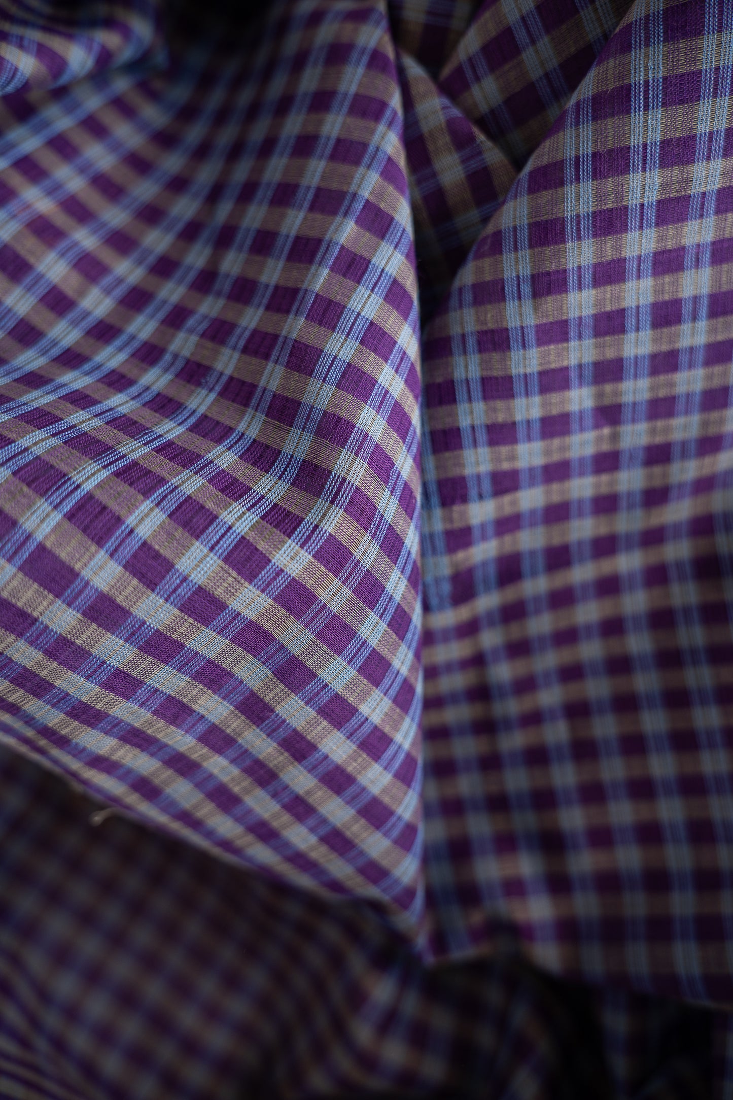 Purple and Slate Grey Checked Mangalagiri Cotton with Gold Zari Border Saree
