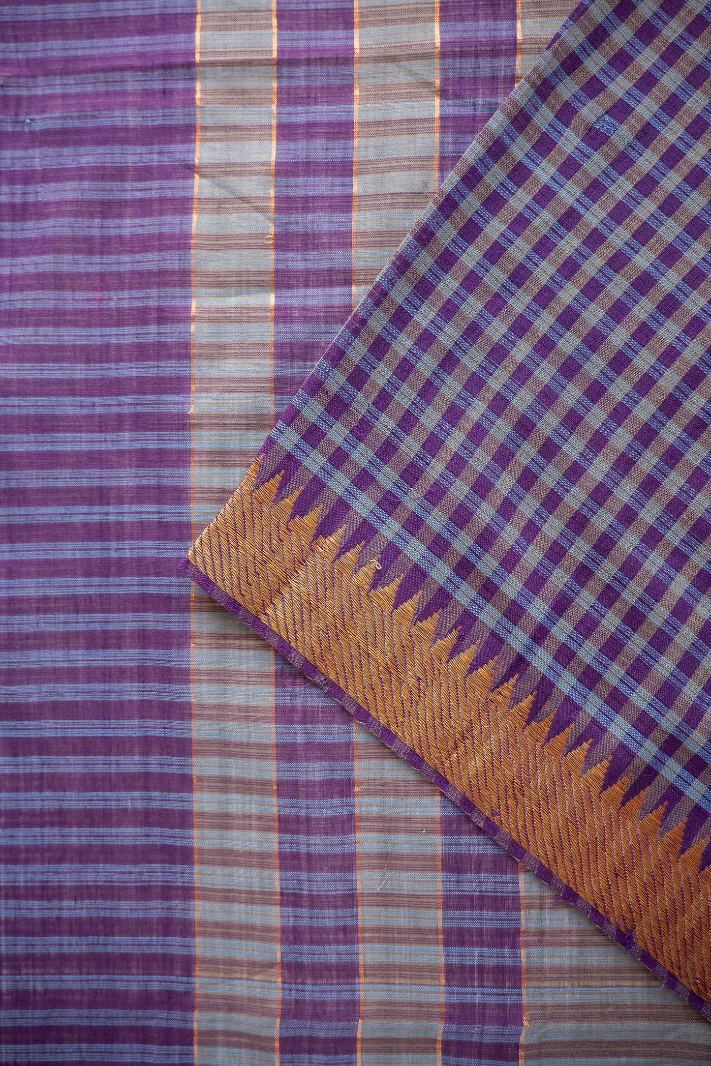 Purple and Slate Grey Checked Mangalagiri Cotton with Gold Zari Border Saree