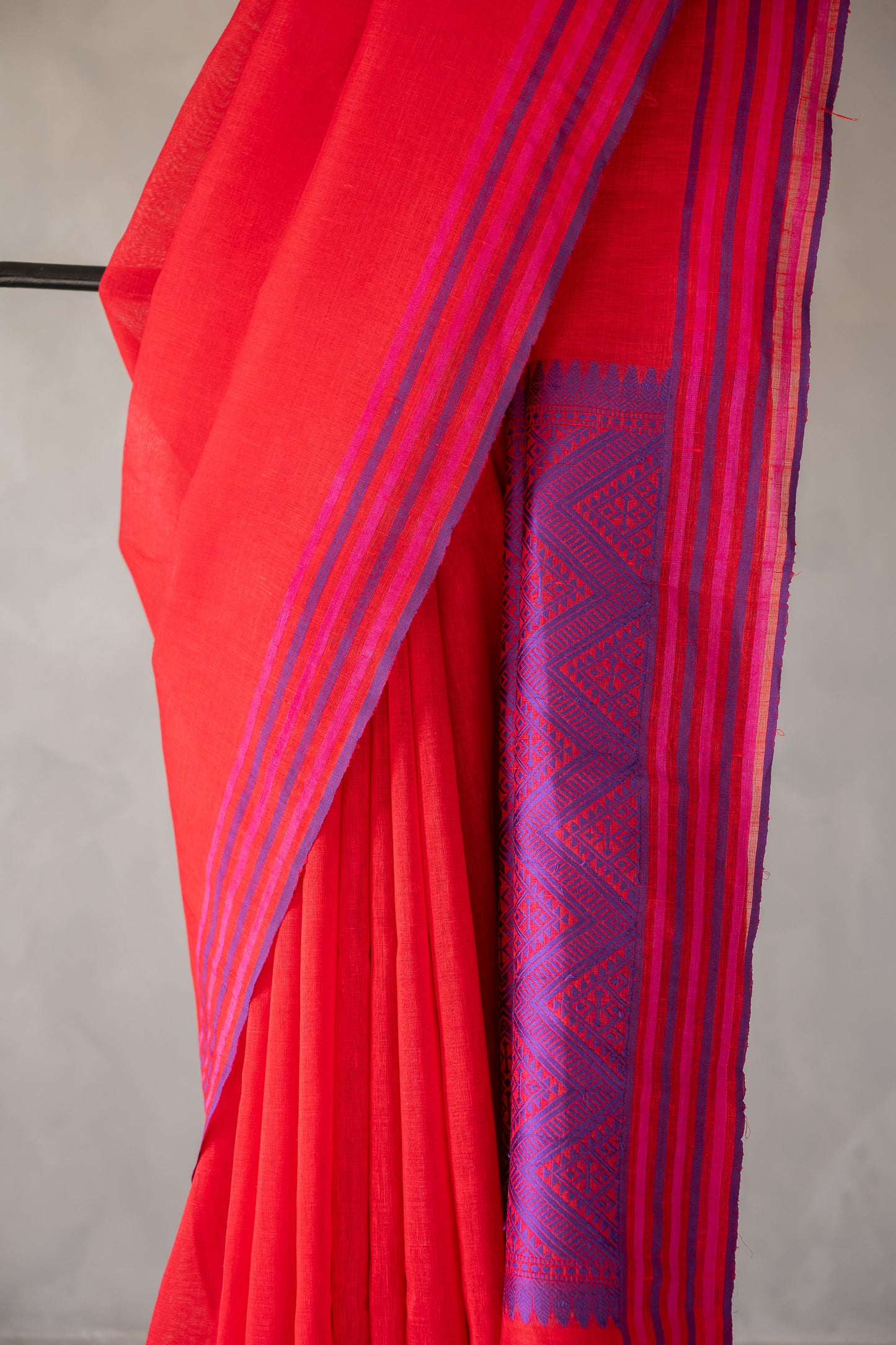Coral Red Linen by Silk with Thread-Woven Pallu Saree