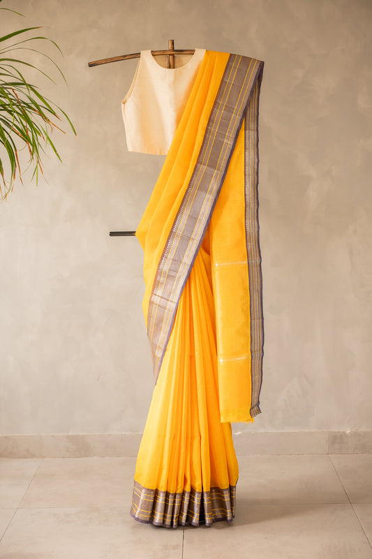 Sunflower Yellow Mangalagiri Silk Cotton with Grey Zari Border Saree