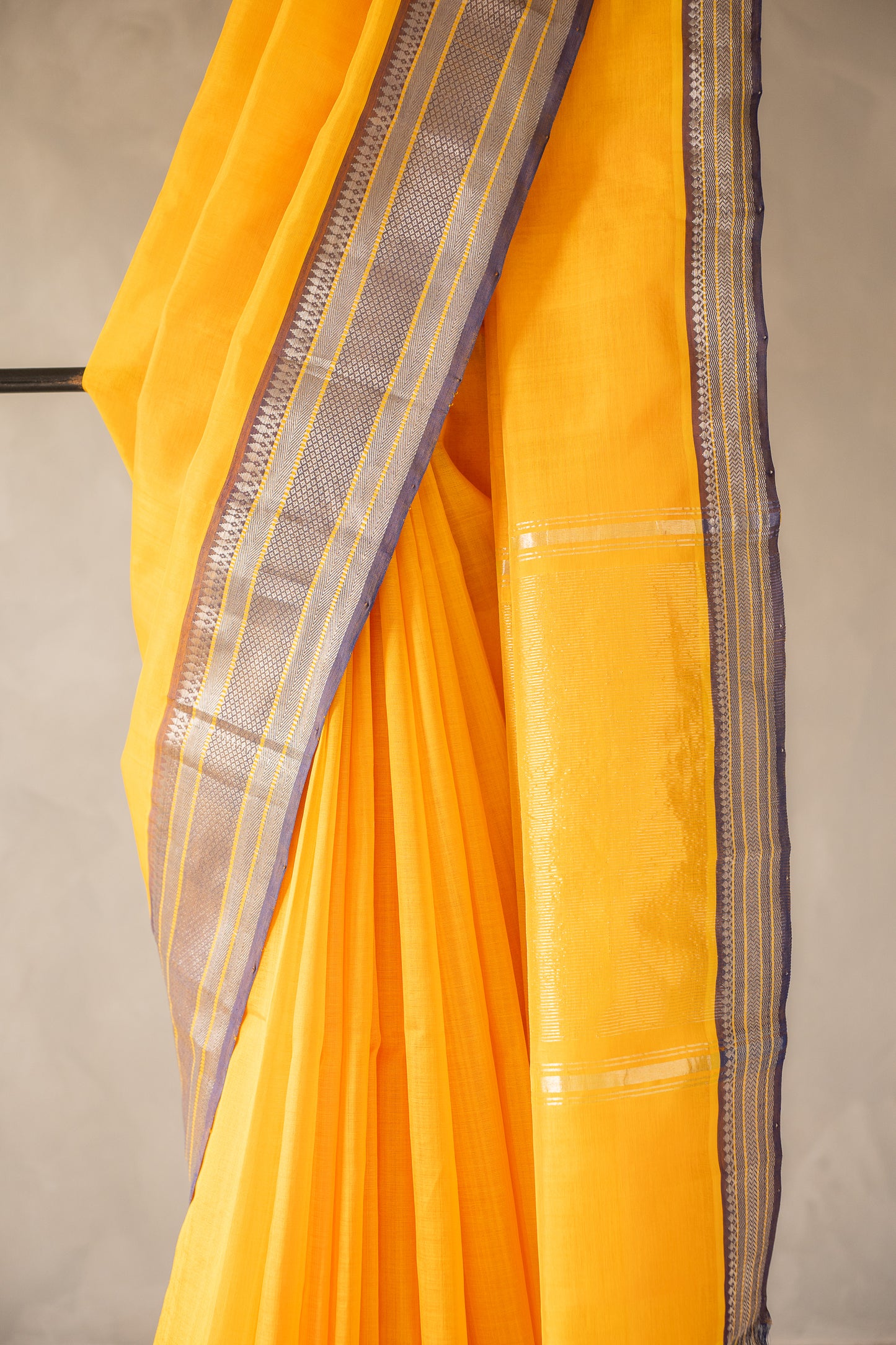 Sunflower Yellow Mangalagiri Silk Cotton with Grey Zari Border Saree