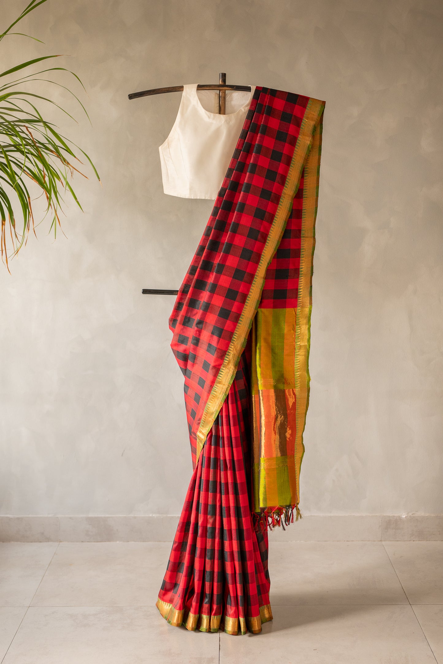 Red and Black Checked Mangalagiri Silk with Gold Zari Pallu Saree