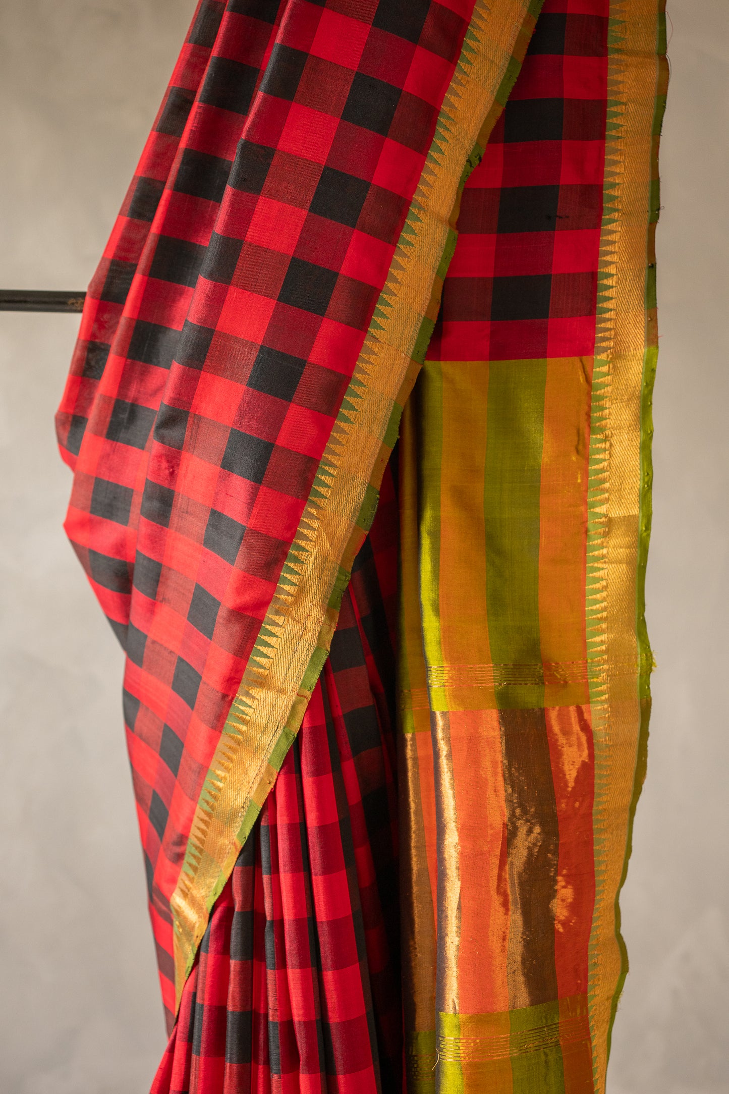 Red and Black Checked Mangalagiri Silk with Gold Zari Pallu Saree