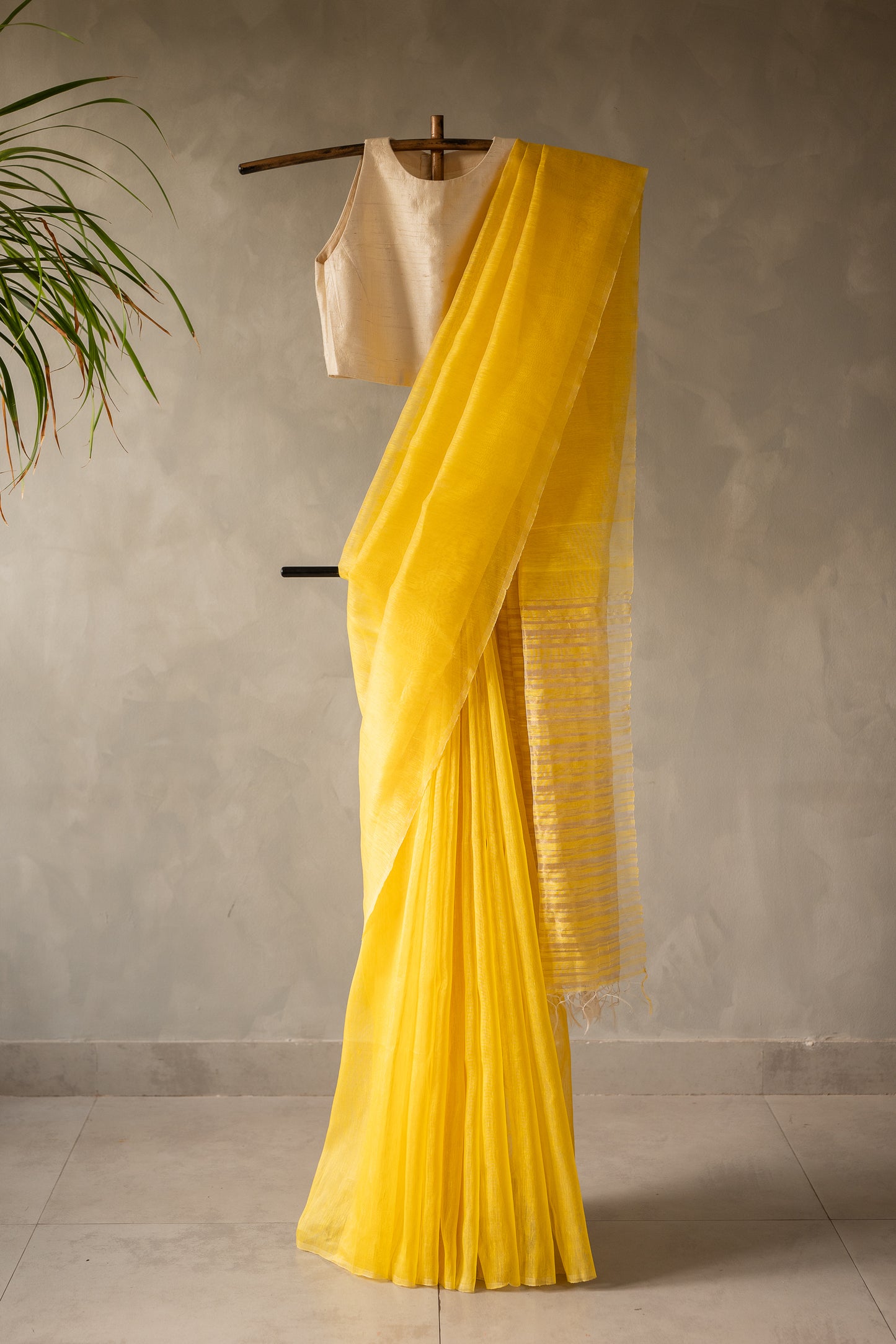 Sunshine Yellow Linen by Silk with Self-Woven Striped Pallu Saree