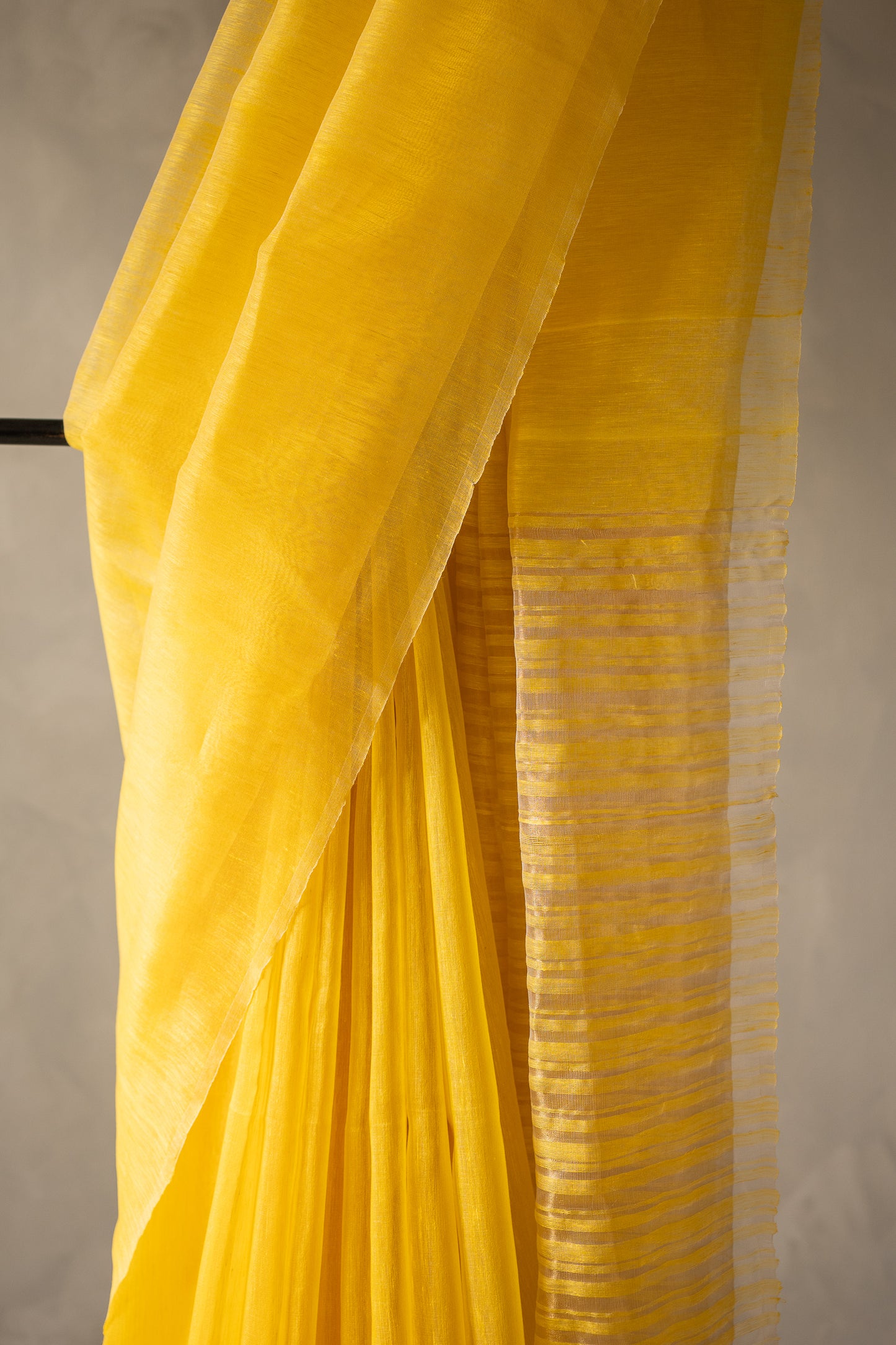 Sunshine Yellow Linen by Silk with Self-Woven Striped Pallu Saree