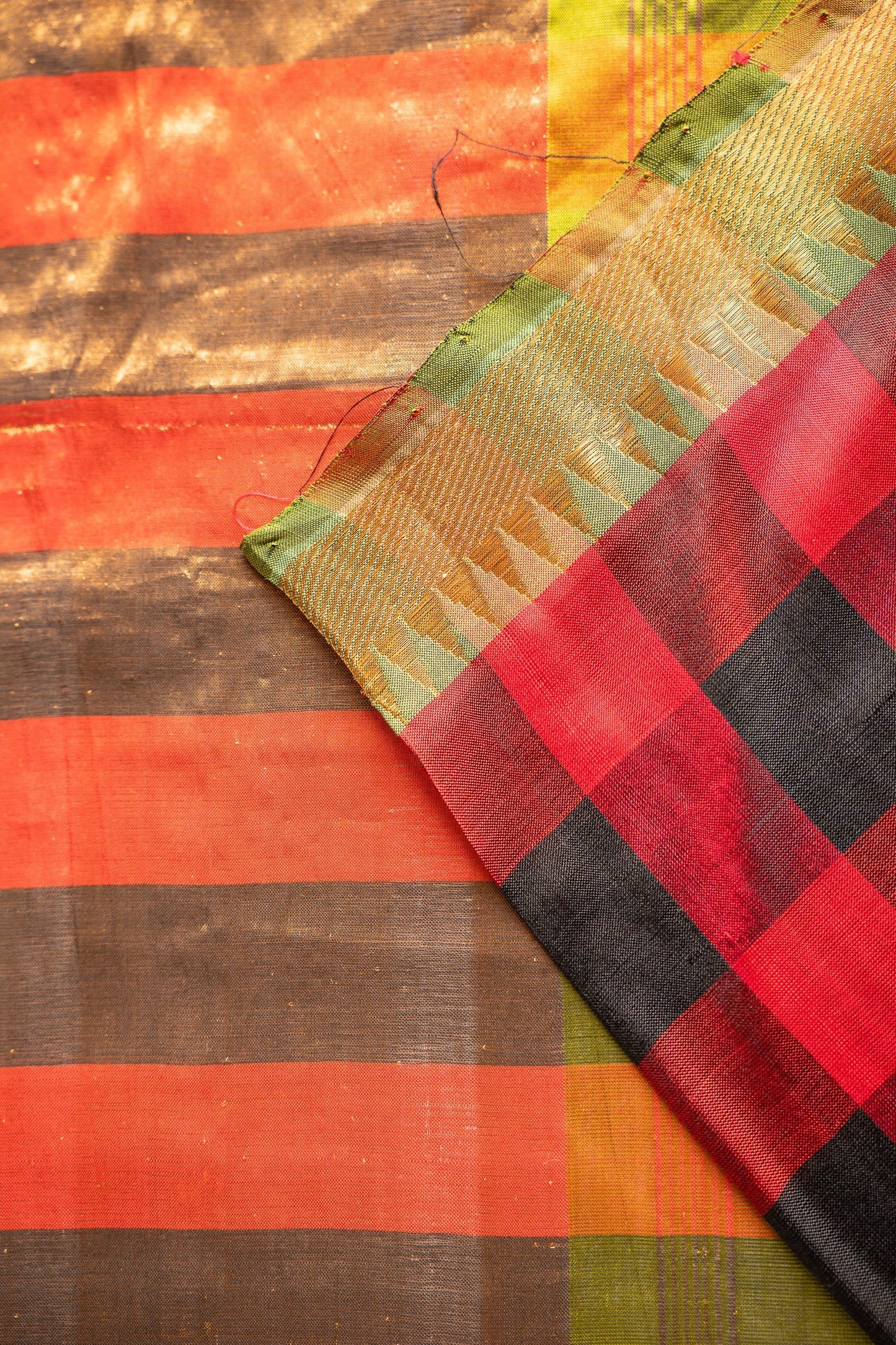 Red and Black Checked Mangalagiri Silk with Gold Zari Pallu Saree