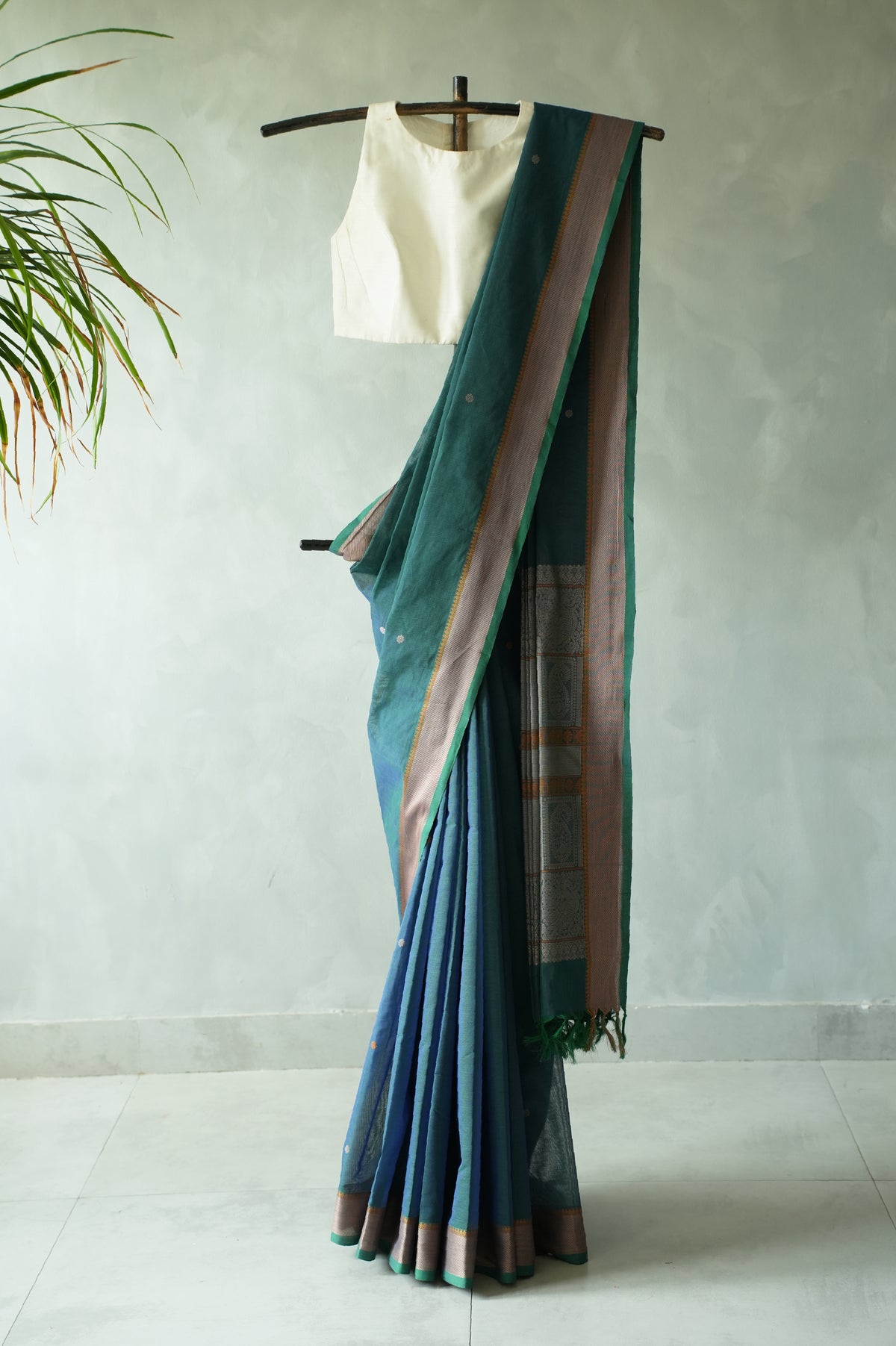 Deep Peacock Blue Kanchi Cotton With Beige And Green Border Saree